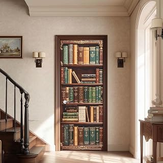 HOMETITUTE Classic Library Bookshelf Peel Stick Door 30.3x78.7 PVC | Wall Cover Poster Decals Removable Wallpaper Self Adhesive Study Livingroom Office - Classic Bookshelf