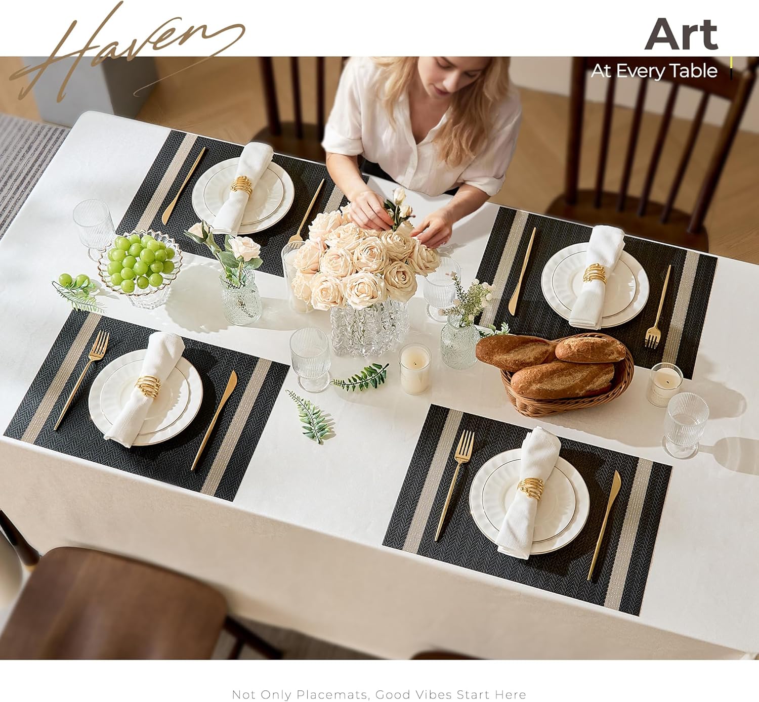 Leetaltree Sparkling Black Vinyl Woven Placemats Set of 12 - Washable Dining Table Place Mats Striped, Suitable for Wedding, Anniversary, Daily Use