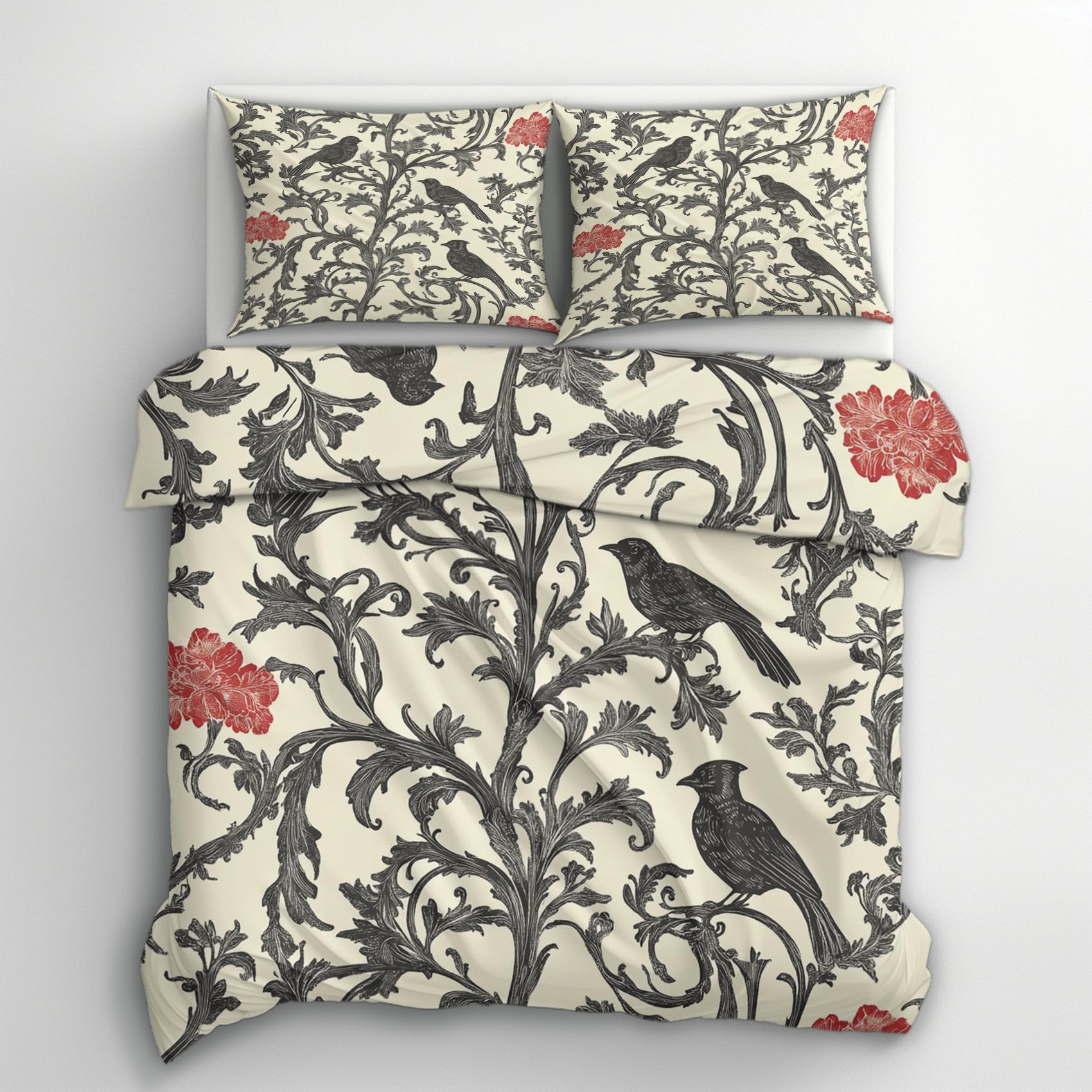 Morris Style Single Duvet Cover Set - Flower Bird Vintage Bedding & Bedroom Decor, Super Soft Microfiber Quilt Cover and 1 Pillowcases, with Zip, Reversible Design (N&UY36)