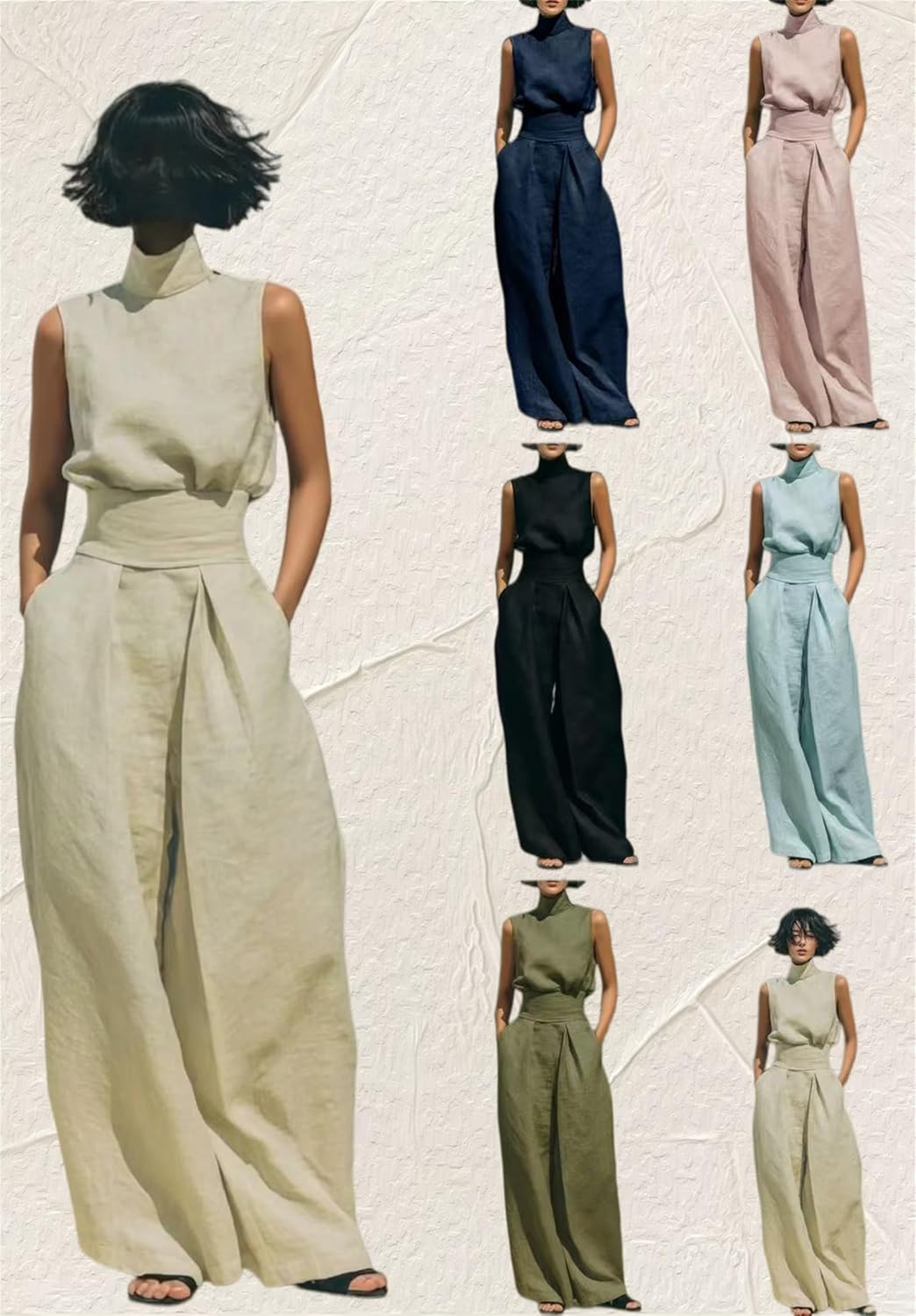 Women's Cotton and Linen Blend Two Piece Sleeveless Blouse and Wide-Leg Pants Set, Sleeveless fashion Casual Loose Outfits