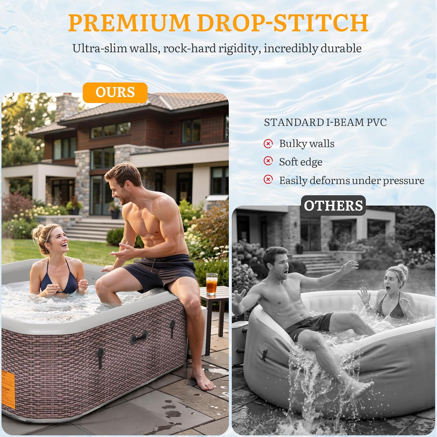 85" Premium Drop-Stitch Inflatable Hot Tub for 8 Person, Rigid Portable Outdoor Spa with 180 Massage Jets, Smart Heating Pump, Foil-Lined Thermal Cover, Square, Classic Rattan