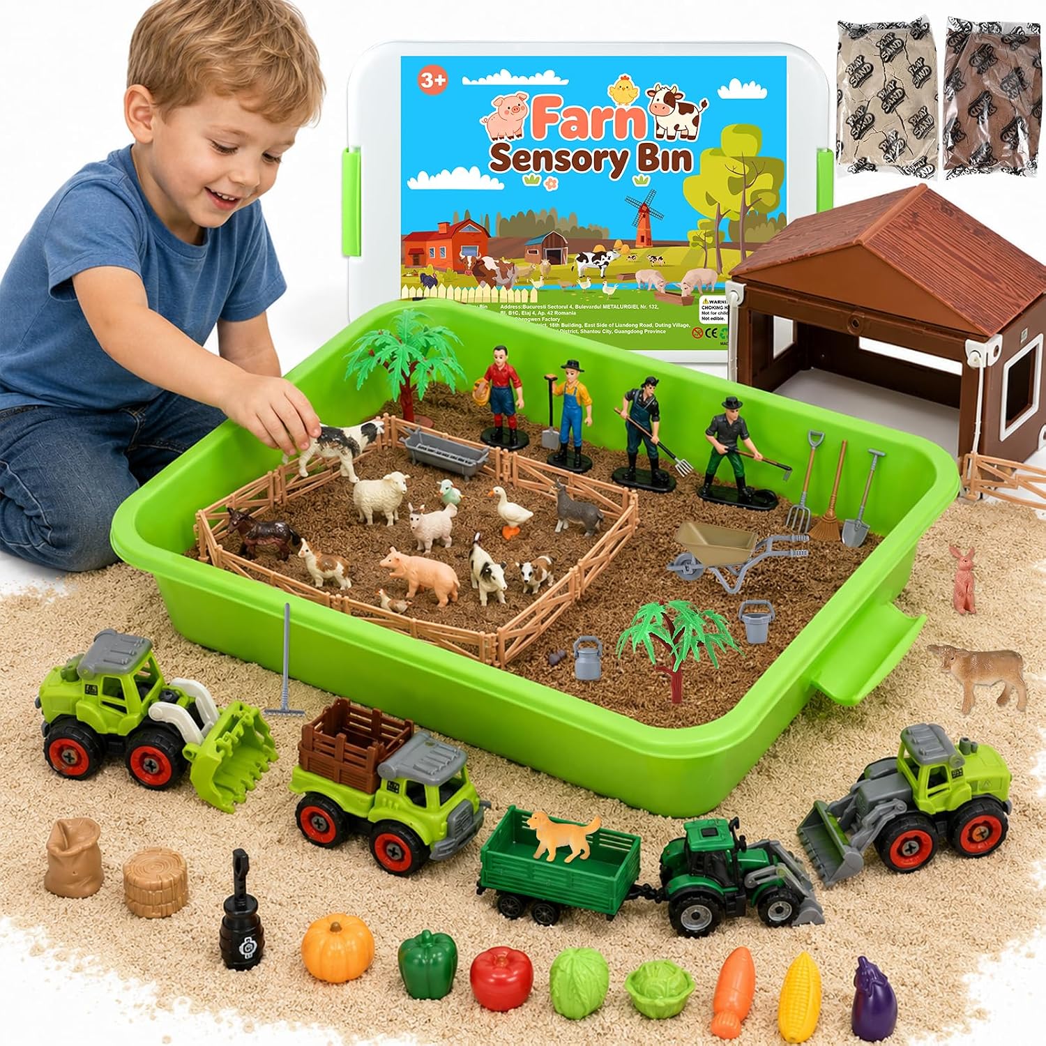 54 PCS Farm Sensory Bin Toys, Sandbox with Play Sand for Toddlers ages 3-8