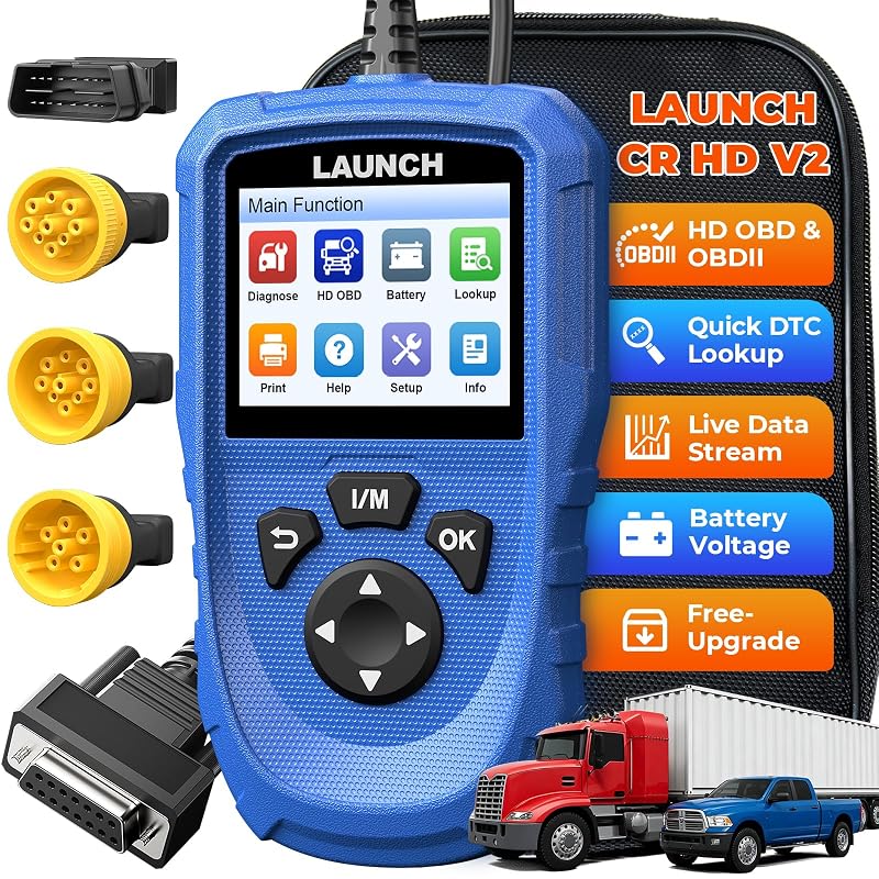 Scanner Automotivo LAUNCH CR HD V2 para Caminhões Diesel, Diagnóstico HD OBD e OBD2, Kit com 4 Adaptadores