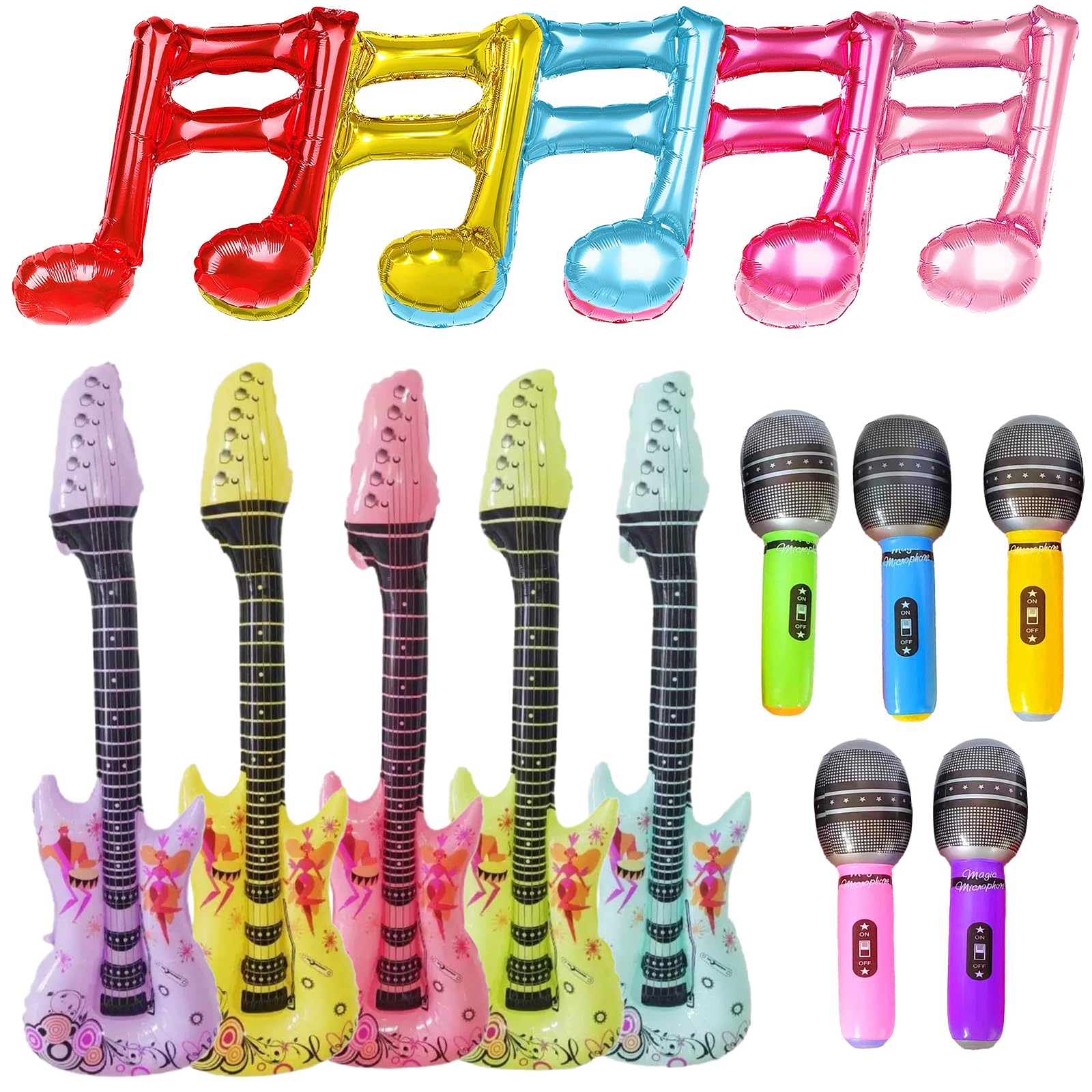 Embhlitfe 15 sztuk nadmuchiwanych instrumentów, nadmuchiwane gitary, mikrofony, nadmuchiwane nuty do nadmuchiwania, nadmuchiwane gitary powietrzne do nadmuchiwania, na imprezę, rekwizyty dla dzieci i