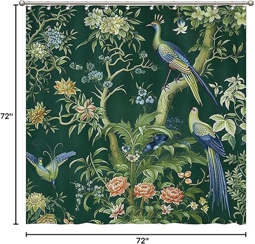 Miniatura 982 de Cortinas de ducha de baño con ganchos, 72 x 92 pulgadas, cortina de ducha de tela impermeable con diseño de flores y pájaros, cortina de ducha