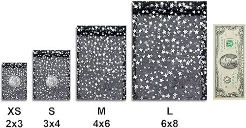 Miniatura 10 de The Display Guys - Paquete de 100 bolsas de regalo de organza transparente de 4 x 6 pulgadas con cordón (mediano), estrellas metálicas (rojoblanco)