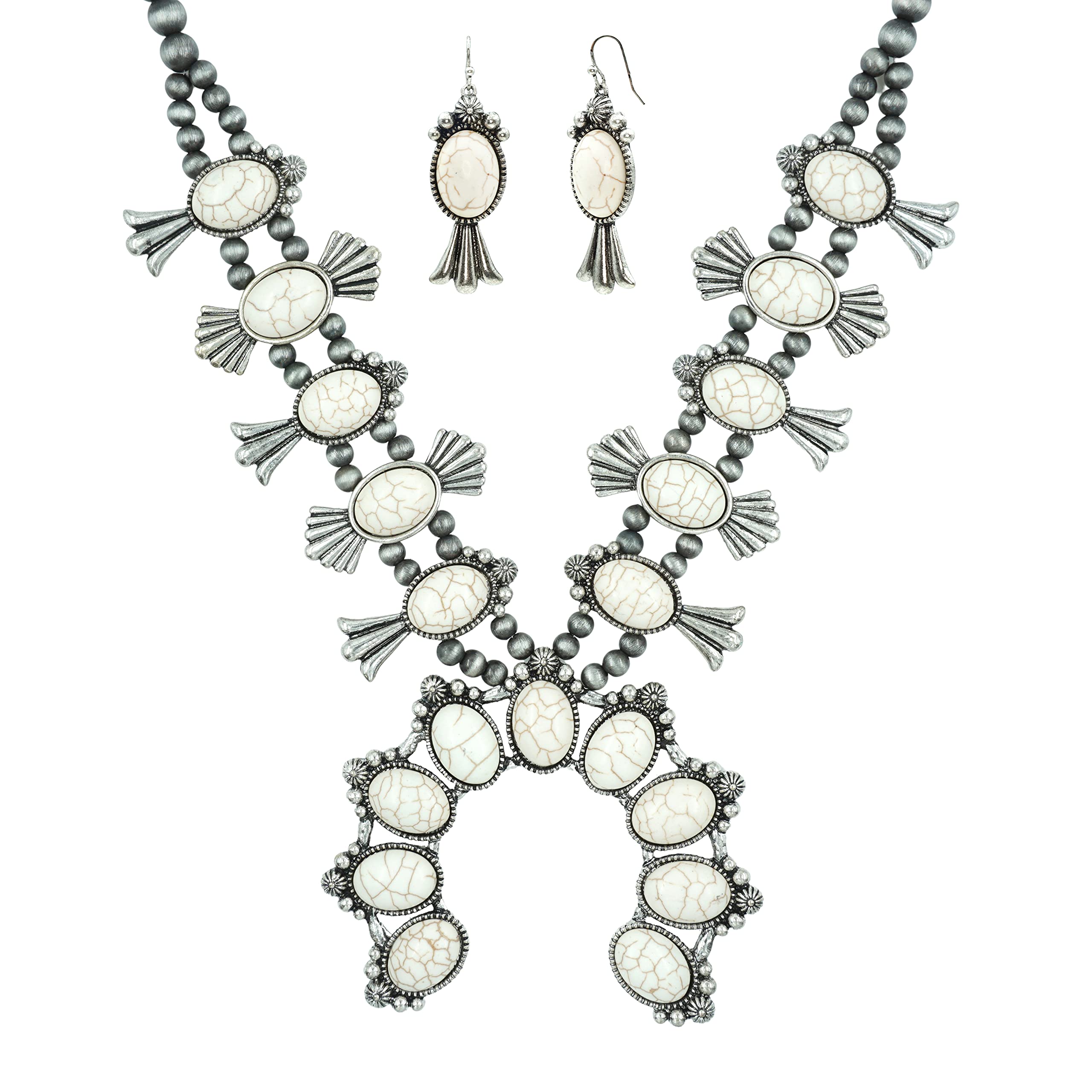 Turquoise Stone Naja Squash Blossom Pendant Faux Navajo Pearl Necklace 27 Inch and French Hook Earrings