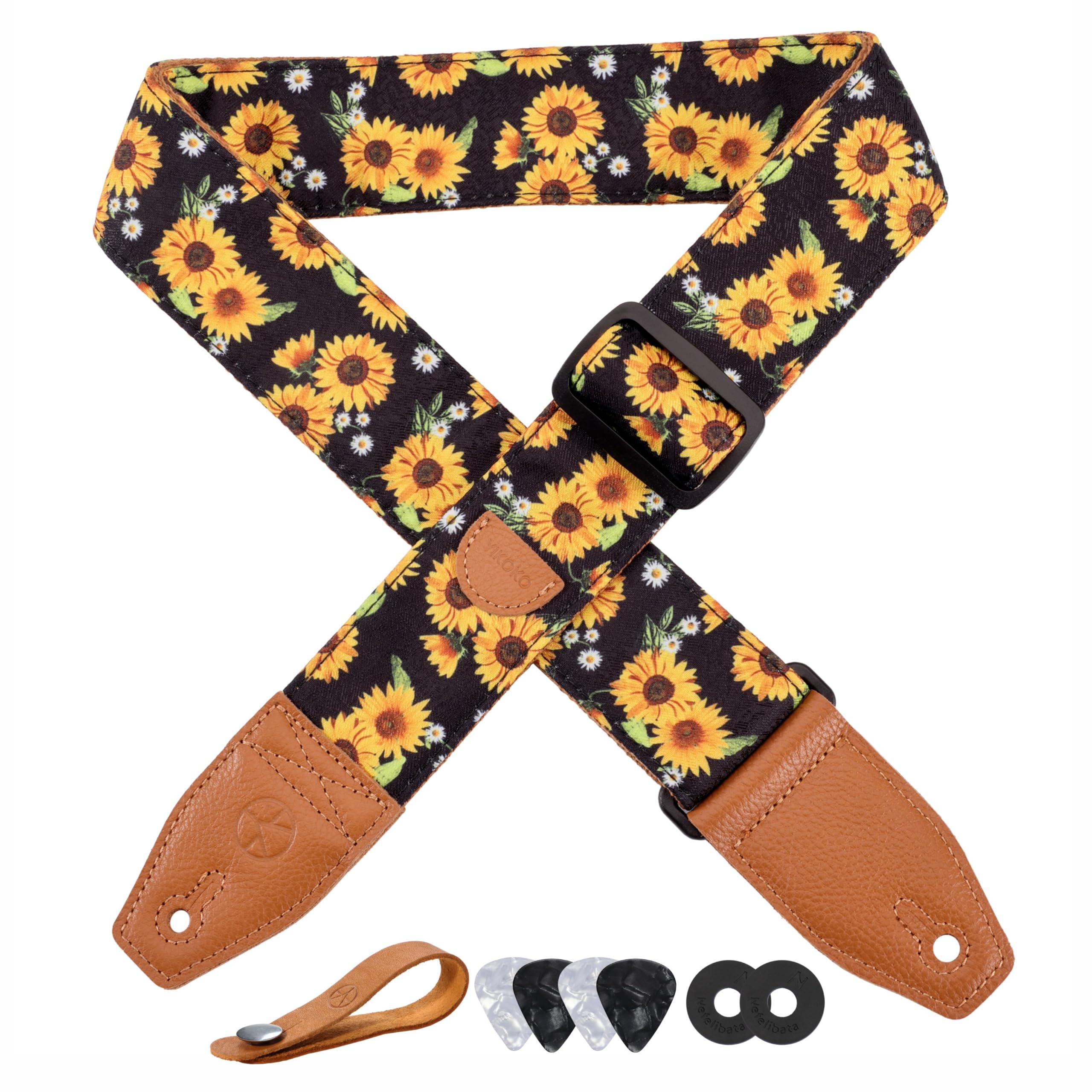 YIKOKO Guitar Strap 2", Cotton Print Floral Guitar Straps with Full Grain Leather End, for Bass Electric and Acoustic Guitars