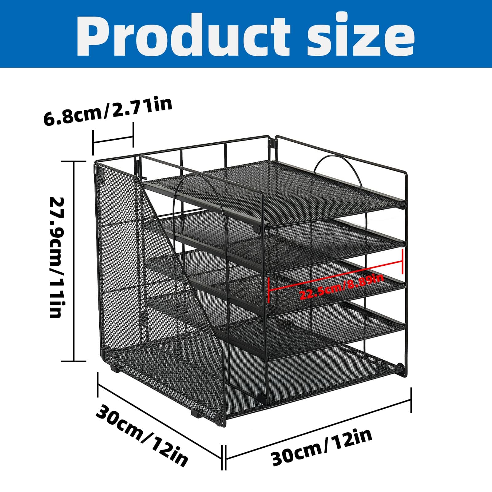 Mesh Desk Organiser Tray 5-Tier, Letter Magazine Book Paper Tray with File Holder, Desk Accessories for Organisation, Storage, Home Office Supplies (Black) - Image 2