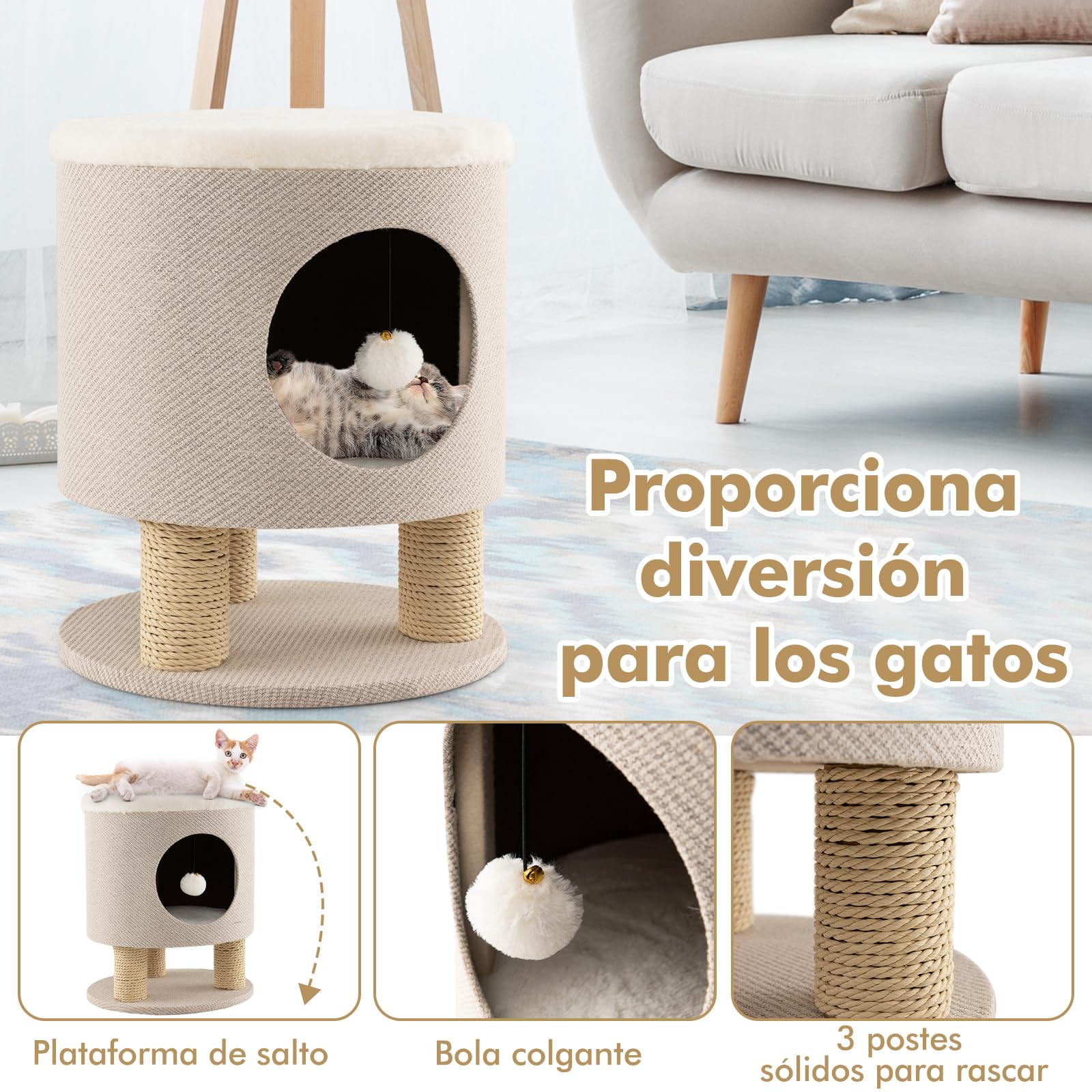 COSTWAY Taburete para Gatos 3 en 1 con Condominio, Casa para Mascotas Otomana, Cueva para Gatos con Poste Rascador y Bola de Felpa, Cama Gato Cueva 40 x 40 x 47 cm (Beige)