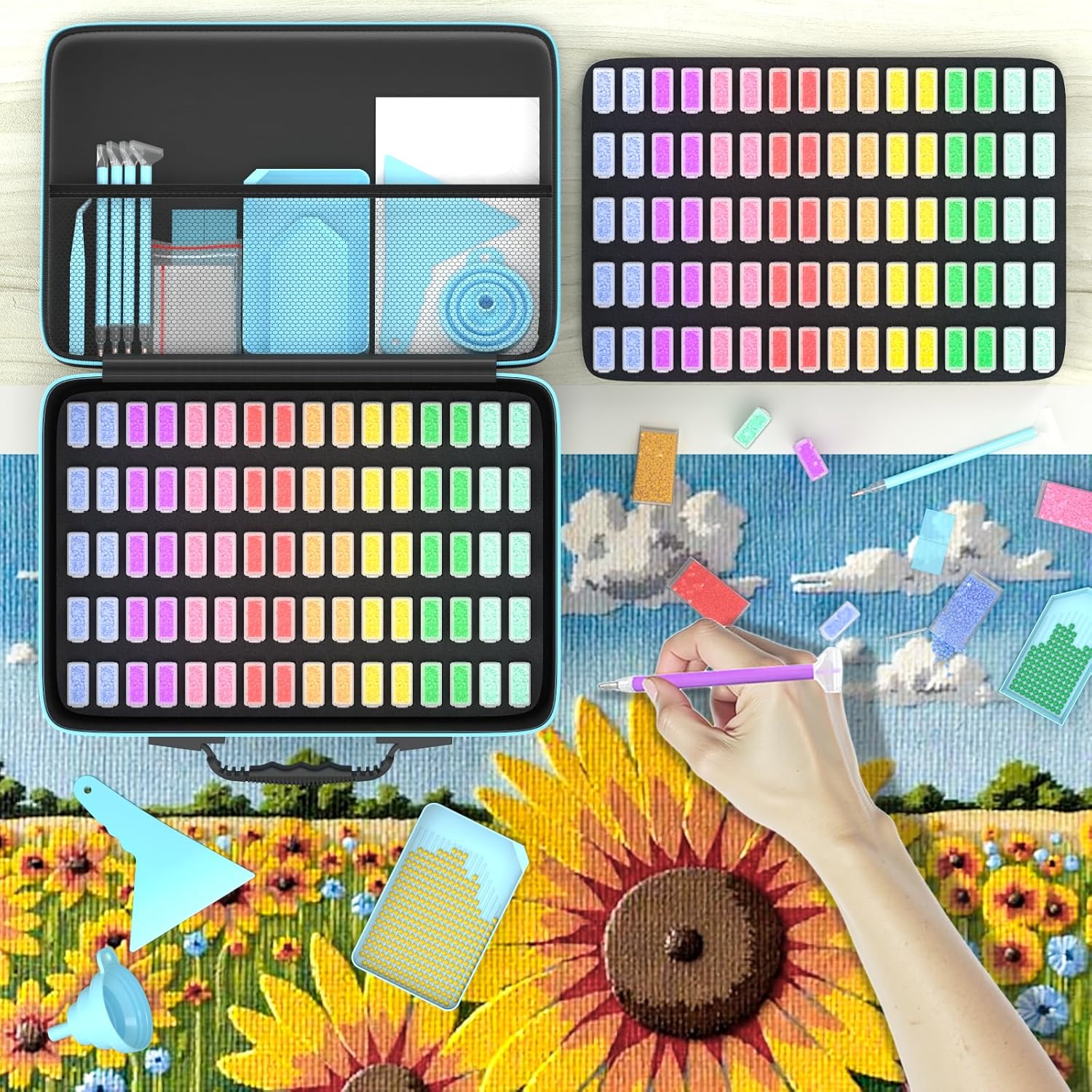 VANSUNS Diamond Painting Storage Containers Art Kits for Adults, 160 Slots Portable Bead Storage Boxes for Diamond Painting Accessories and Tools, Blue