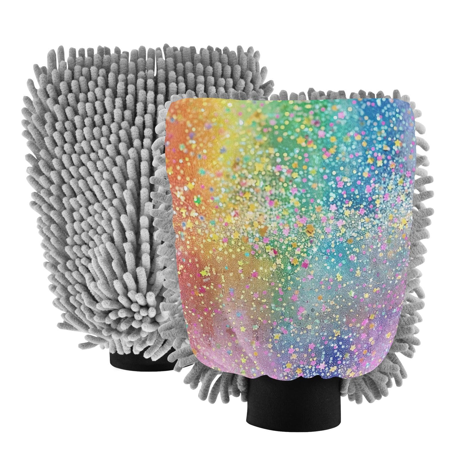 GakkiGii Rainbow Sequins 2 Pack Microfiber Car Wash Mitts, Dual-Sided Chenille Gloves, Scratch-Free for Auto Detailing & Home Cleaning, M