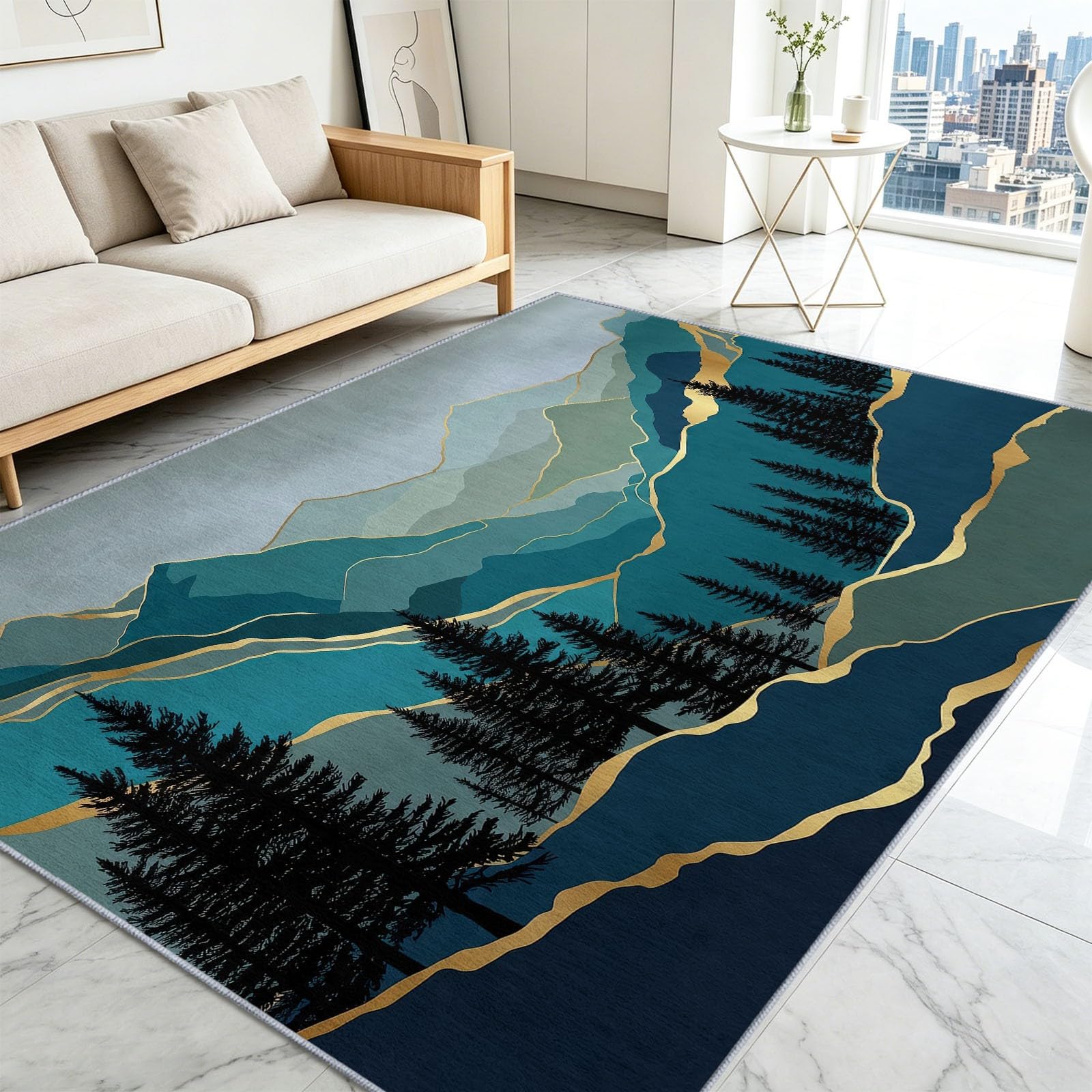 Tappeto moderno e leggero di lusso per soggiorno, antiscivolo, 160 x 230 cm, per camera da letto con montagna astratta, per adulti, morbido, lavabile in lavatrice, non perde pelo