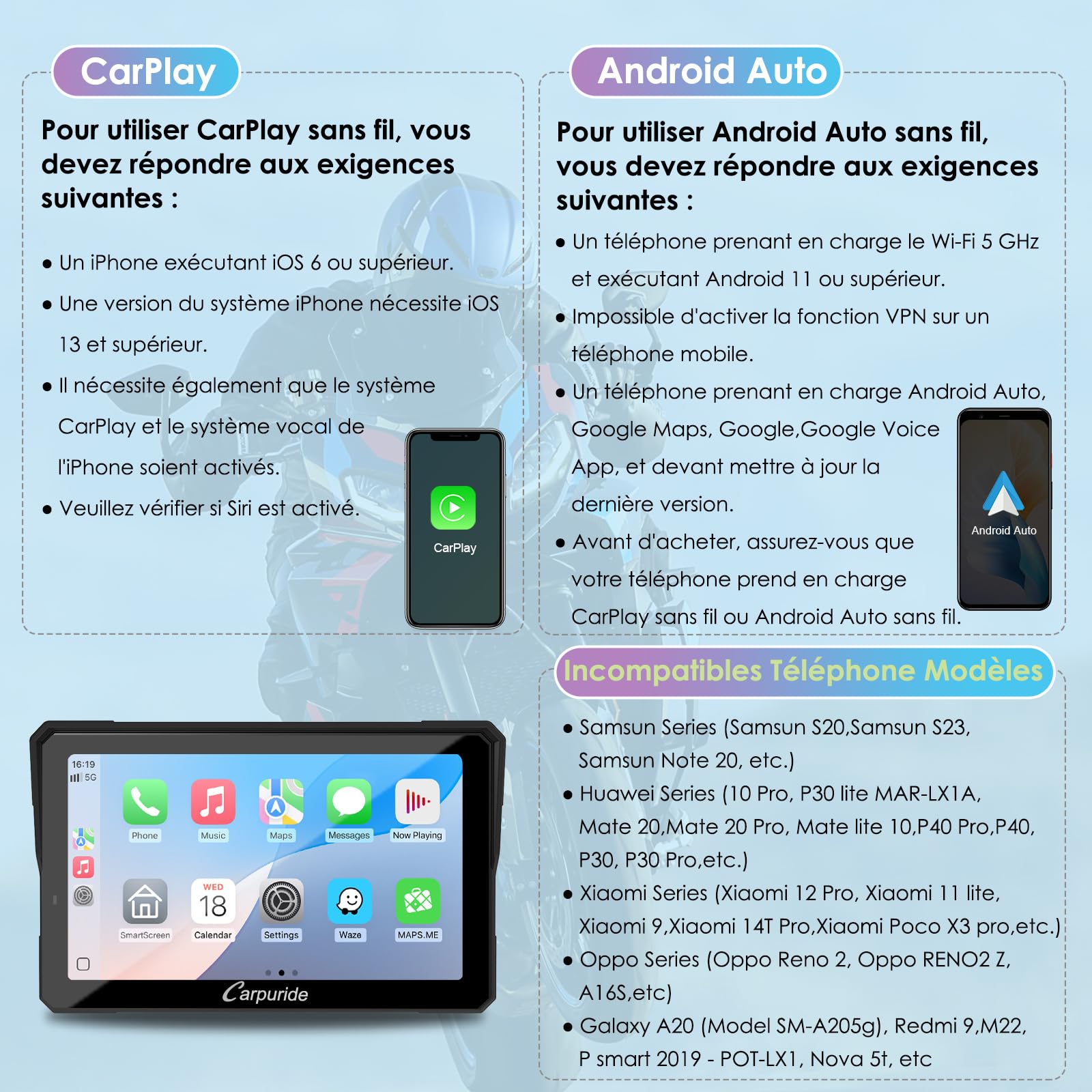 CARPURIDE W702S Pro Moto Carplay Écran avec BM05 pour Plug-and-Play | Sans Fil CarPlay et Android Auto, 7" Étanche Tactile Écran, Double Bluetooth, Filaire Contrôleur, Navigation, Boussole.