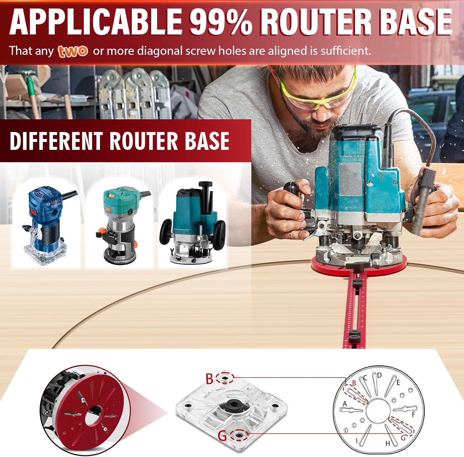 new 4 in 1 router milling groove bracket, aluminum alloy router circle cutting jig, multifunctional routerguide cutting large circles from 10" to 58", adjustable woodworking tool (rose red) large size red