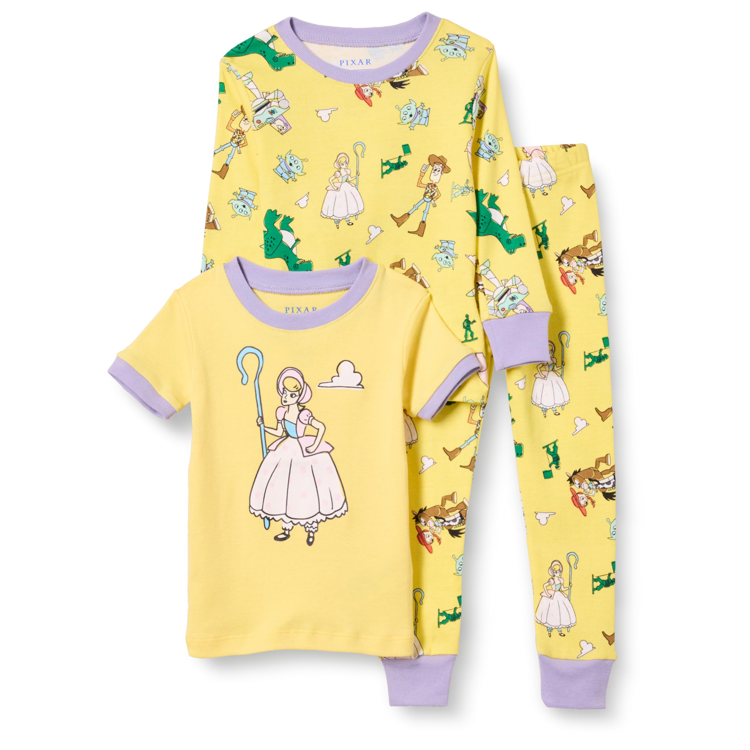 Amazon Essentials Girls' Snug-Fit Cotton Pajamas Set, Pack of 3, 3-piece Toy Story Bo Peep Set, 6-7