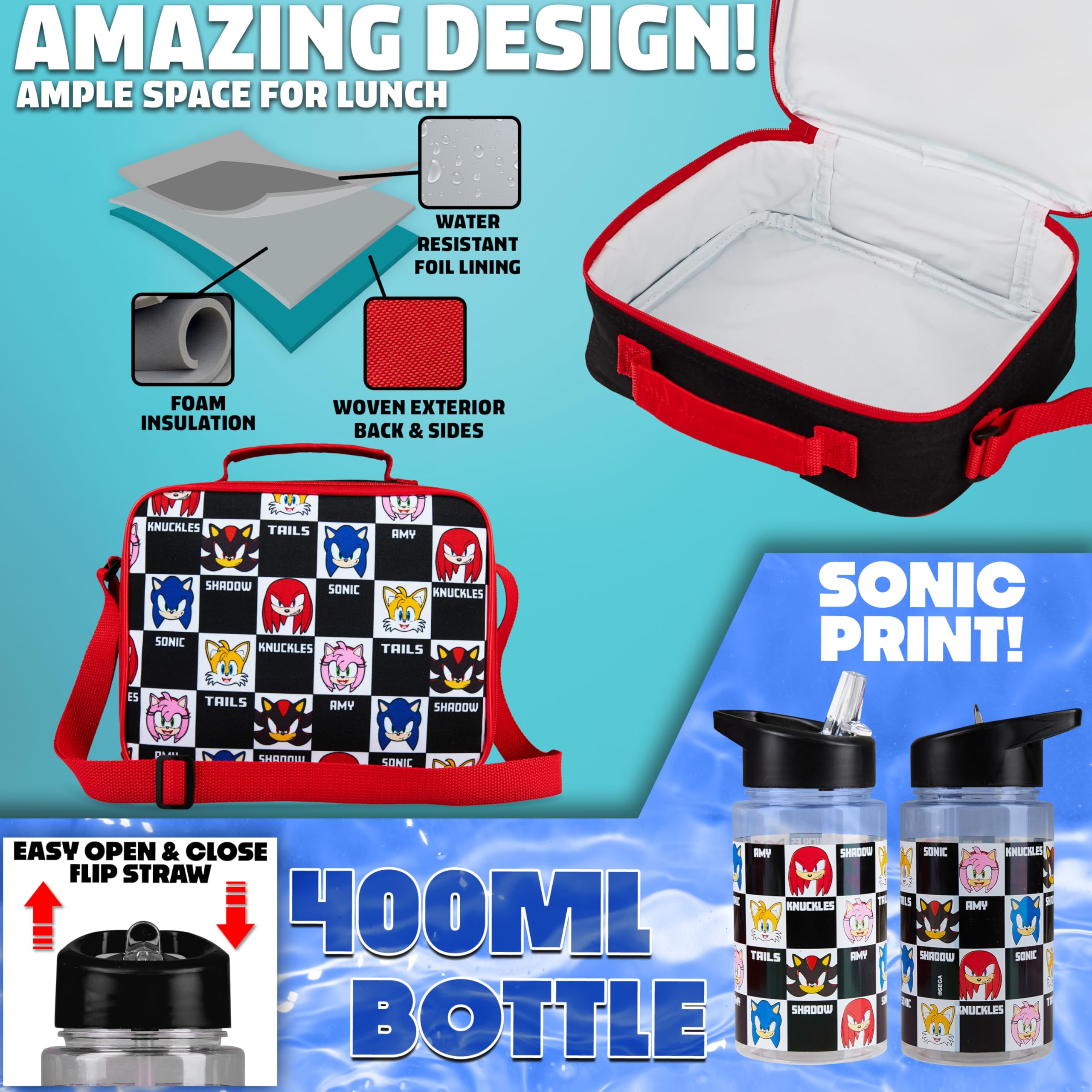 SONIC THE HEDGEHOG Sac à Dos Enfant Ensemble 4 Pièces avec Gourde Enfant 400ml Trousse et Sac Repas Isotherme École Shadow