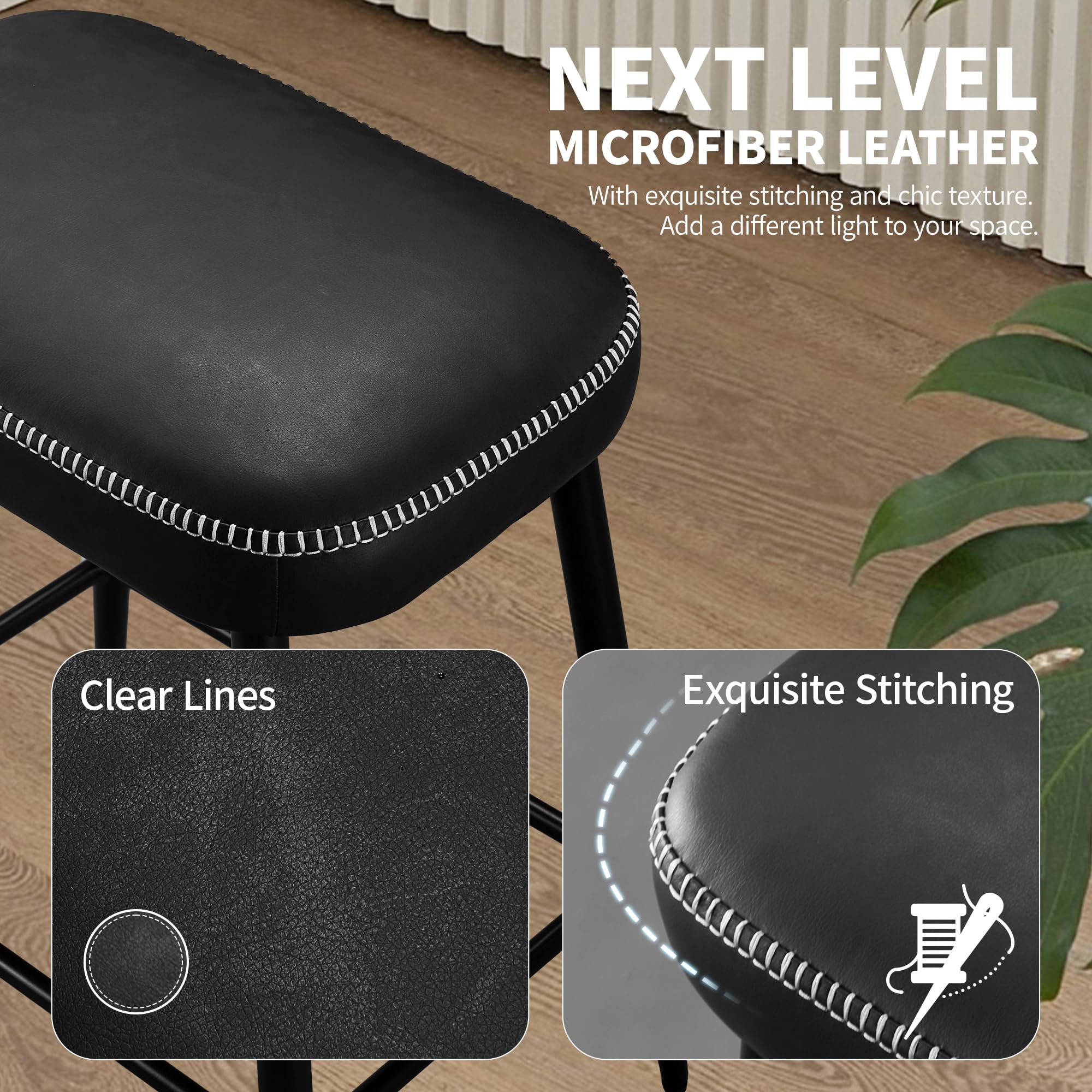 STOOLINK Barhocker 2er Set, Moderner Barstuhl mit Mikrofaser-Leder, Tresenhocker mit Fußstütze, Tresenstuhl 62.5 cm hoch, Küchenhocker Ohne Lehne 150kg belastbar für Bistro, Küche-Schwarz