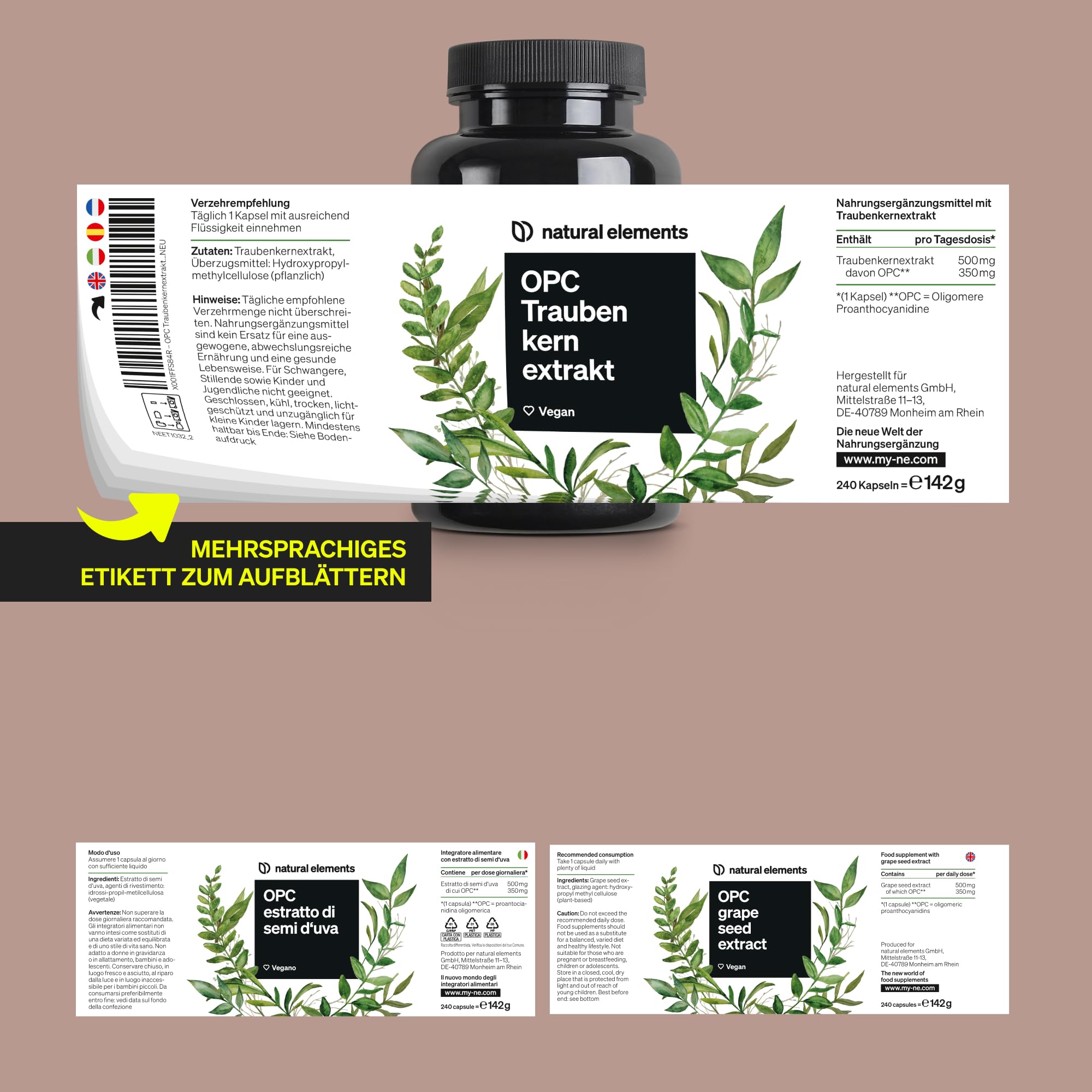 natural elements OPC Traubenkernextrakt - 240 hochdosierte Kapseln für 8 Monate - Reines OPC aus europäischen Weintrauben - Vegan, in Deutschen Laboren getestet