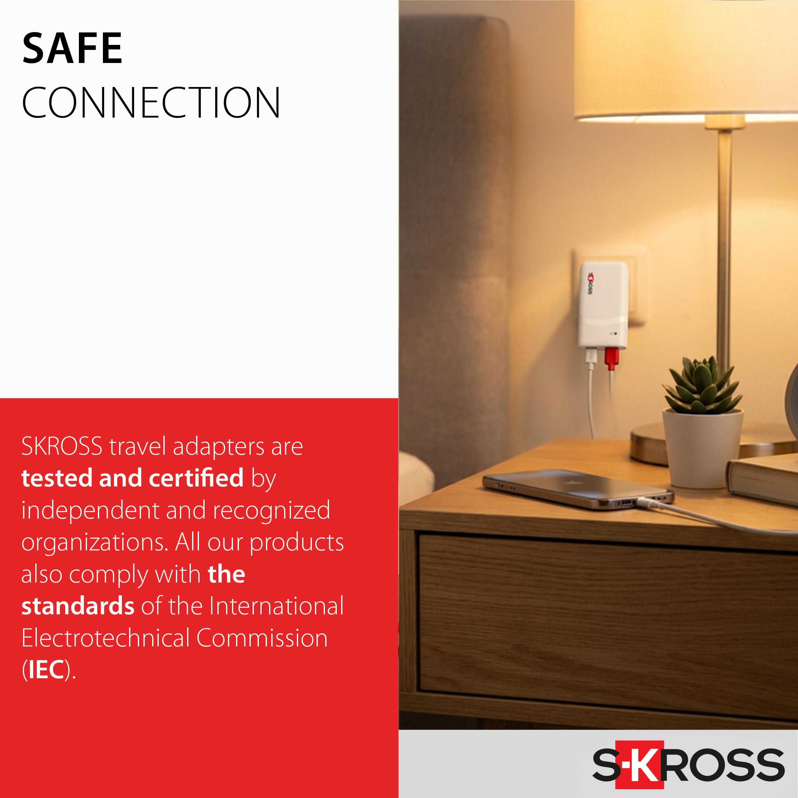 SKROSS - Caricabatterie slim da parete 65W multipresa EU/UK/USA due porte USB-A e USB-C carica 2 dispositivi in contemporanea