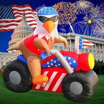 DomKom 6 FT Patriotic Independence Day 4th of July Memorial Day Inflatable Outdoor Decoration, Bald Eagle Sitting on Motorcycle, LED Lights Holiday Blow Up for Fourth of July Party Garden Yard Lawn
