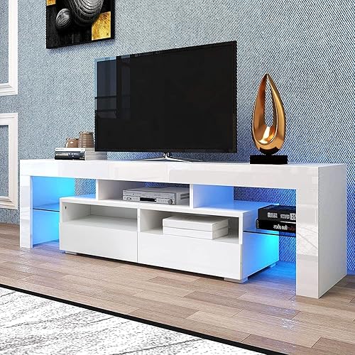 Miniatura 3 de Goujxcy Soporte de TV LED para televisores de 65 pulgadas, centro de entretenimiento de alto brillo con cajones de almacenamiento, mesa de consola