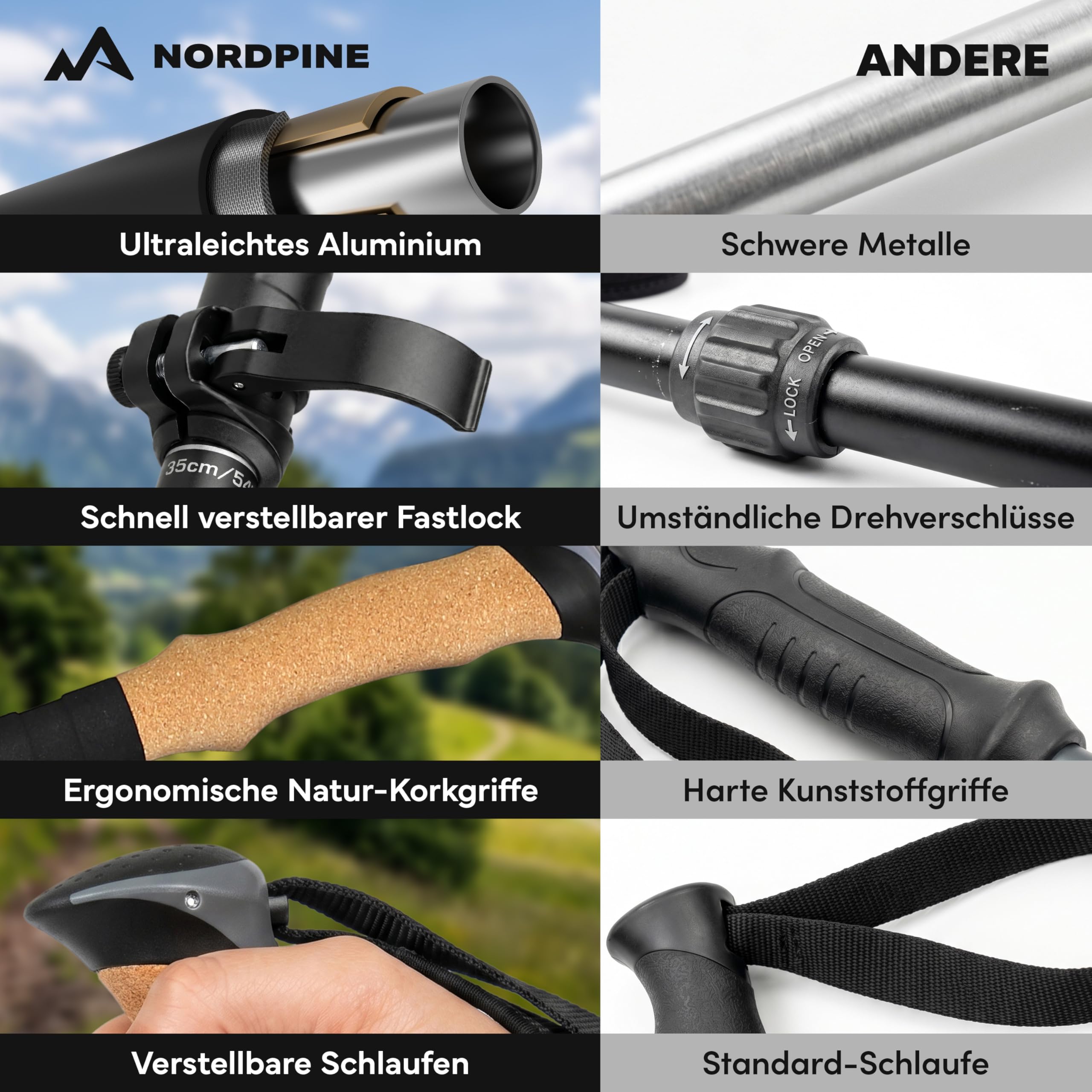 Wanderstöcke Teleskop Carbon oder Aluminium 65-135cm - Höhenverstellbare Walking Stöcke Damen & Herren - Nordic Walking Stöcke mit Korkgriff, Wolframspitze & Gummipuffer - Trekkingstöcke ausziehbar