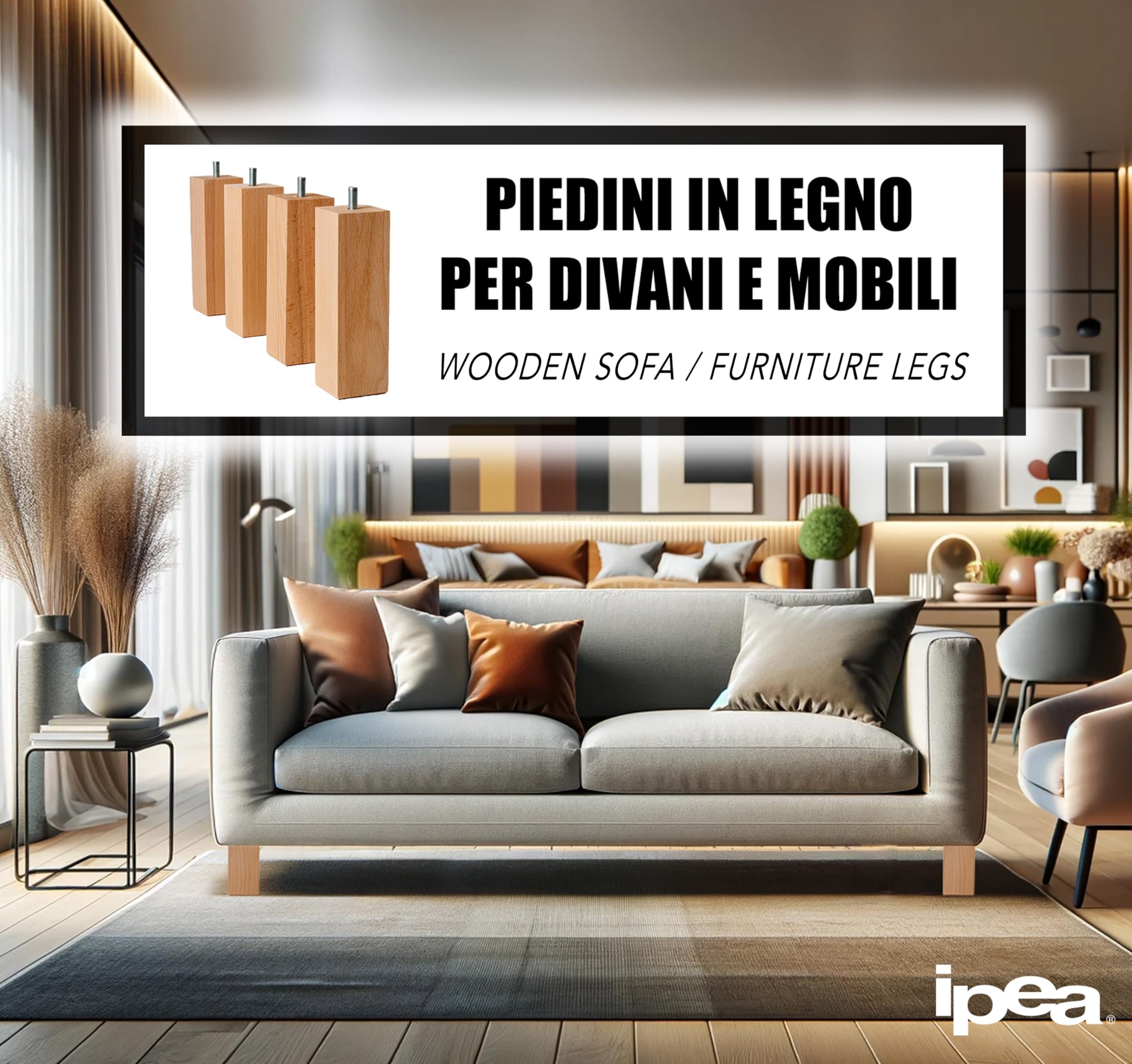 IPEA Meubelpoten en bankpoot, hoogte 10 cm, van hout, lichte kleur, gemaakt in Italië, rechthoekig, set van 4 voor kasten, bedden en fauteuils, 100 mm, beukenhouten poten