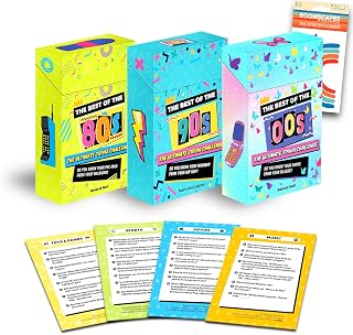 Trivia Card Game Bundle - Best of the 80s, 90s, 2000s Trivia Cards | Pop Culture Trivia Card Game 3 Pack Featuring the Best of Decades Plus Decals | Pop Culture Trivia Game Card Decks