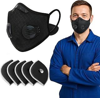 ToughCraft Reusable Dust Mask, Breathable Face Mask with 6 Filters for Dust, Welding, Construction, Sanding, Paint, Woodworking, Dual Breathing Valve for Cycling, Running, Outdoor Sports - Black