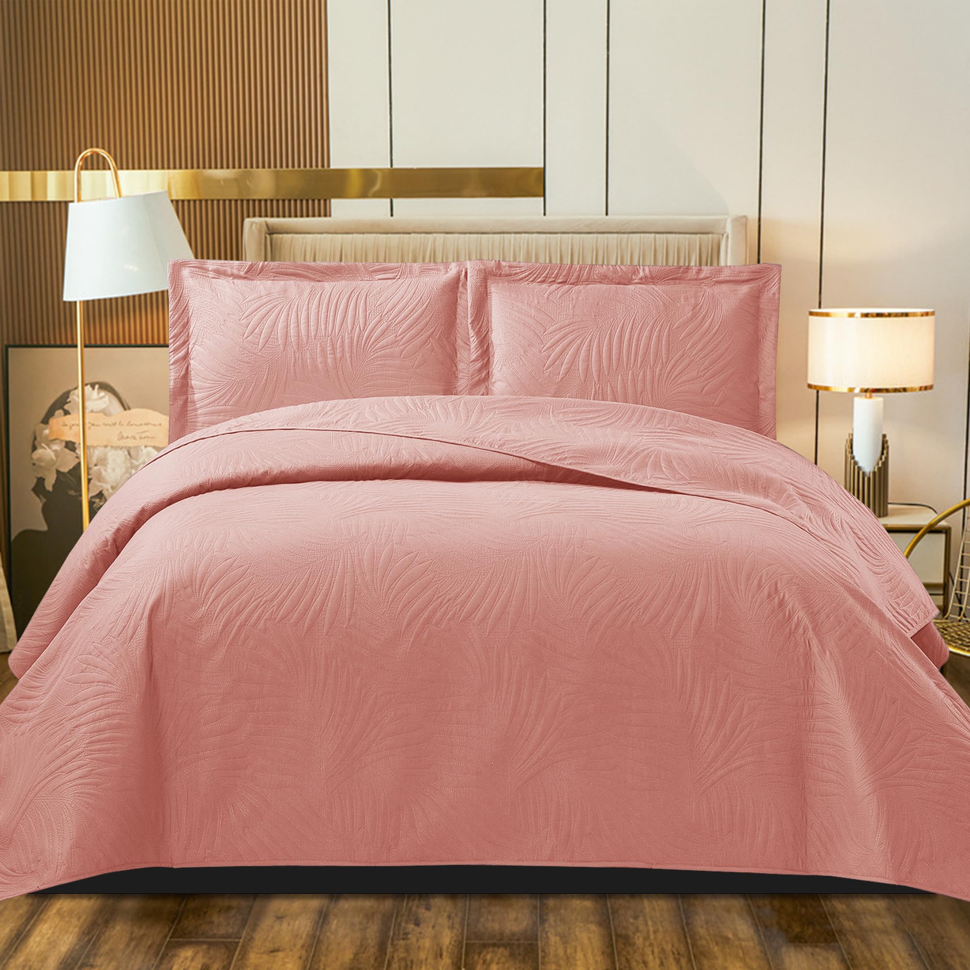 B&B Quilted Bedspread Bed Throws - Luxury Embossed Tropical Leaf Pattern Reversible Quilt Bedspreads Coverlets for Bedroom Decor with Matching Pillow Shams (King, Pink) โ image 1