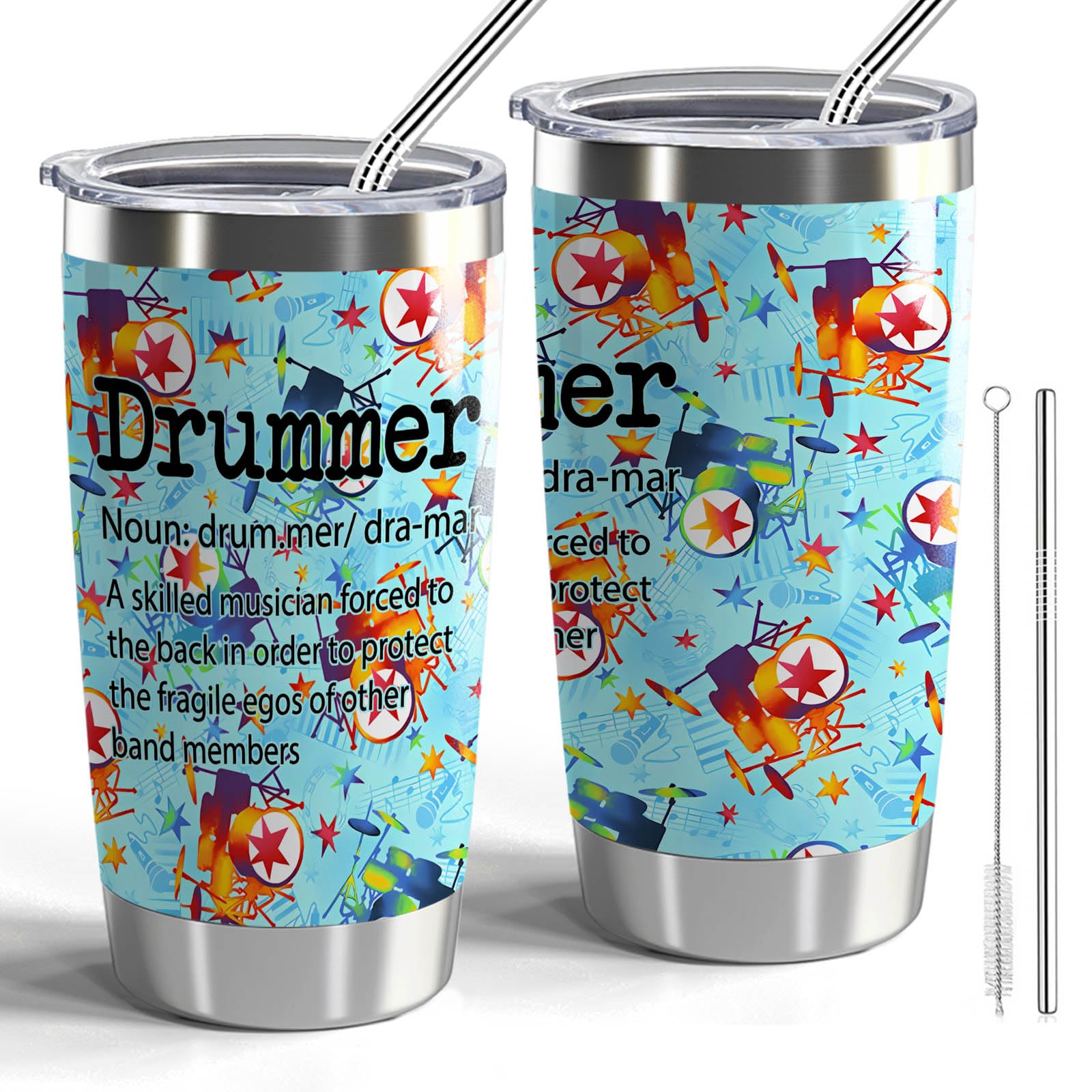 CWEGSJ Drummer Definition 20oz Stainless Steel Insulated Tumbler, Modern, Cylindrical, Blue/Red, 20 Ounce, Music, Birthday/Christmas, Glitter/Sequin/Stones/Crystals/LED