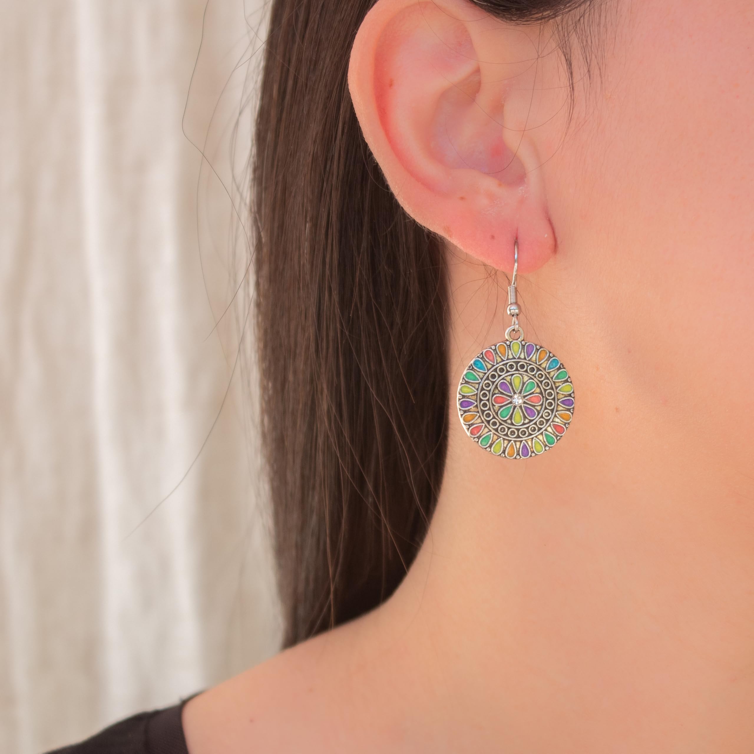 ZARZAMORA Conjunto a Juego -Pendientes y Colgante Bohemios Vintage Plata Tibetana Acabado Antiguo y Cadena de acero Inoxidable -Colgantes Mujer Esmaltados Redondos Étnico-Hippie-Regalo Original