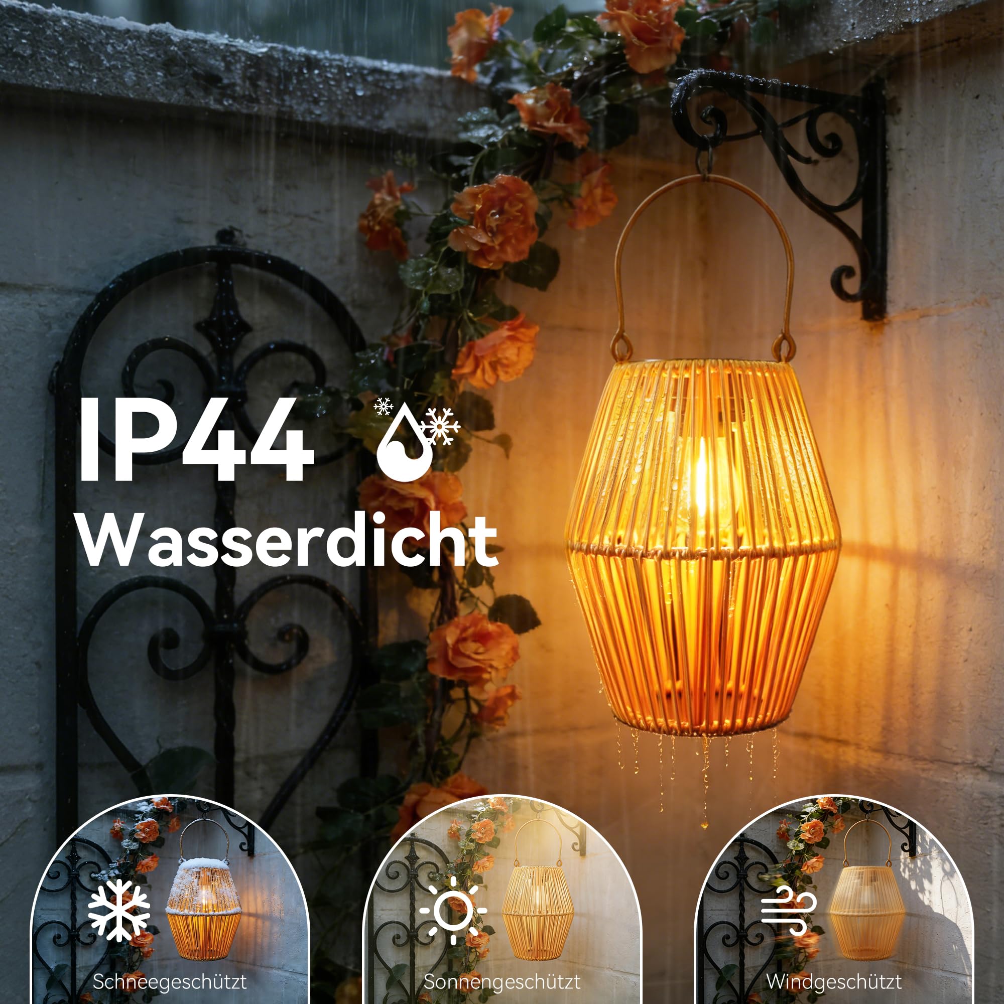 Ollny Solar Laternen für Außen 2 Stück Rattan Boho Hängend Stehend IP44 Wasserdicht Warmweiß