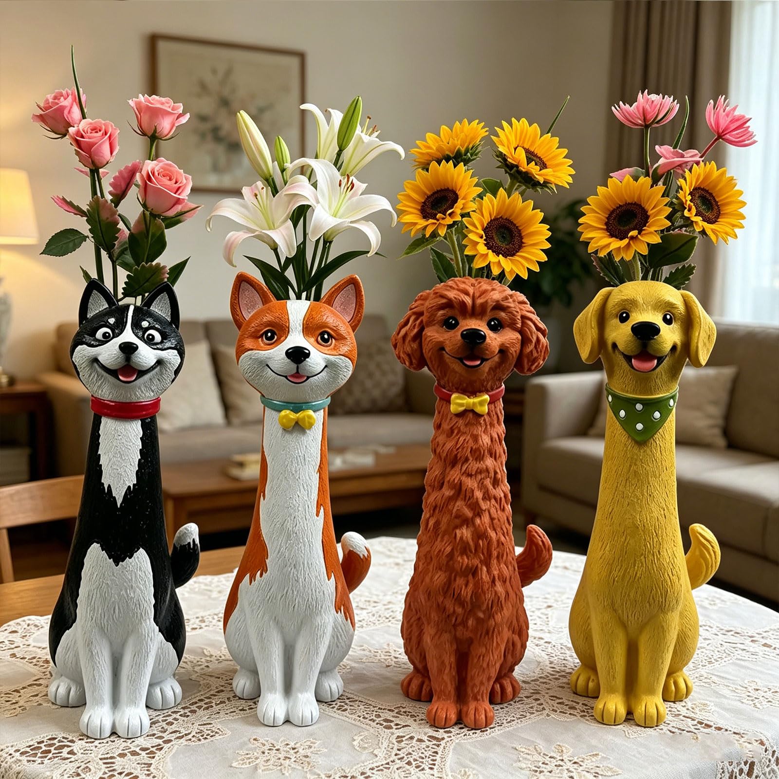 Grazioso contenitore in resina a forma di cane, ideale per piccole composizioni floreali e decorazione della casa da tavolo