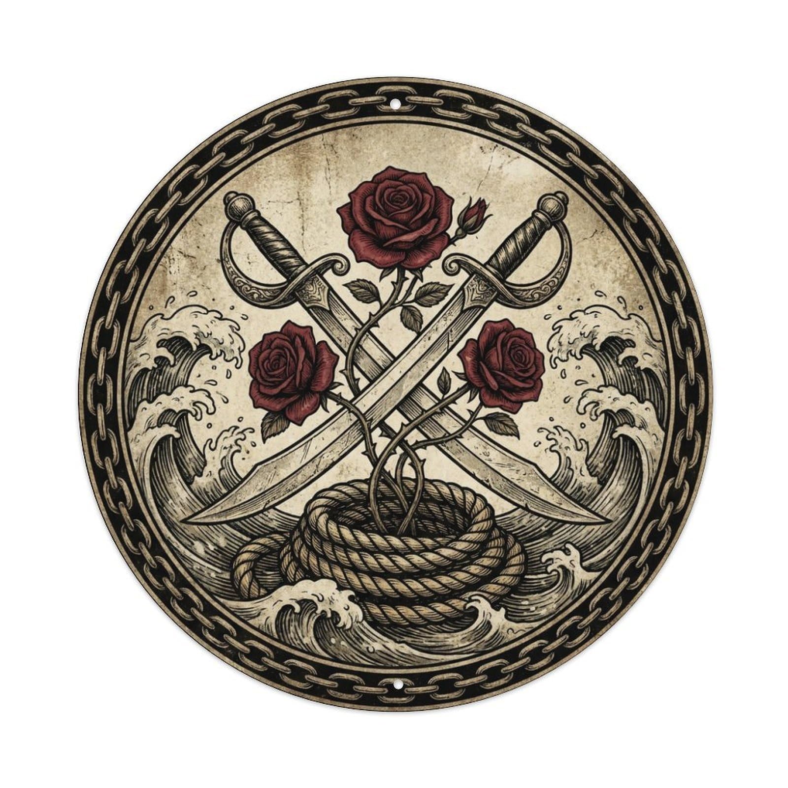 Cutlasses Roses Rope Waves Buccaneer Mark Emblem Metal Tin Sign