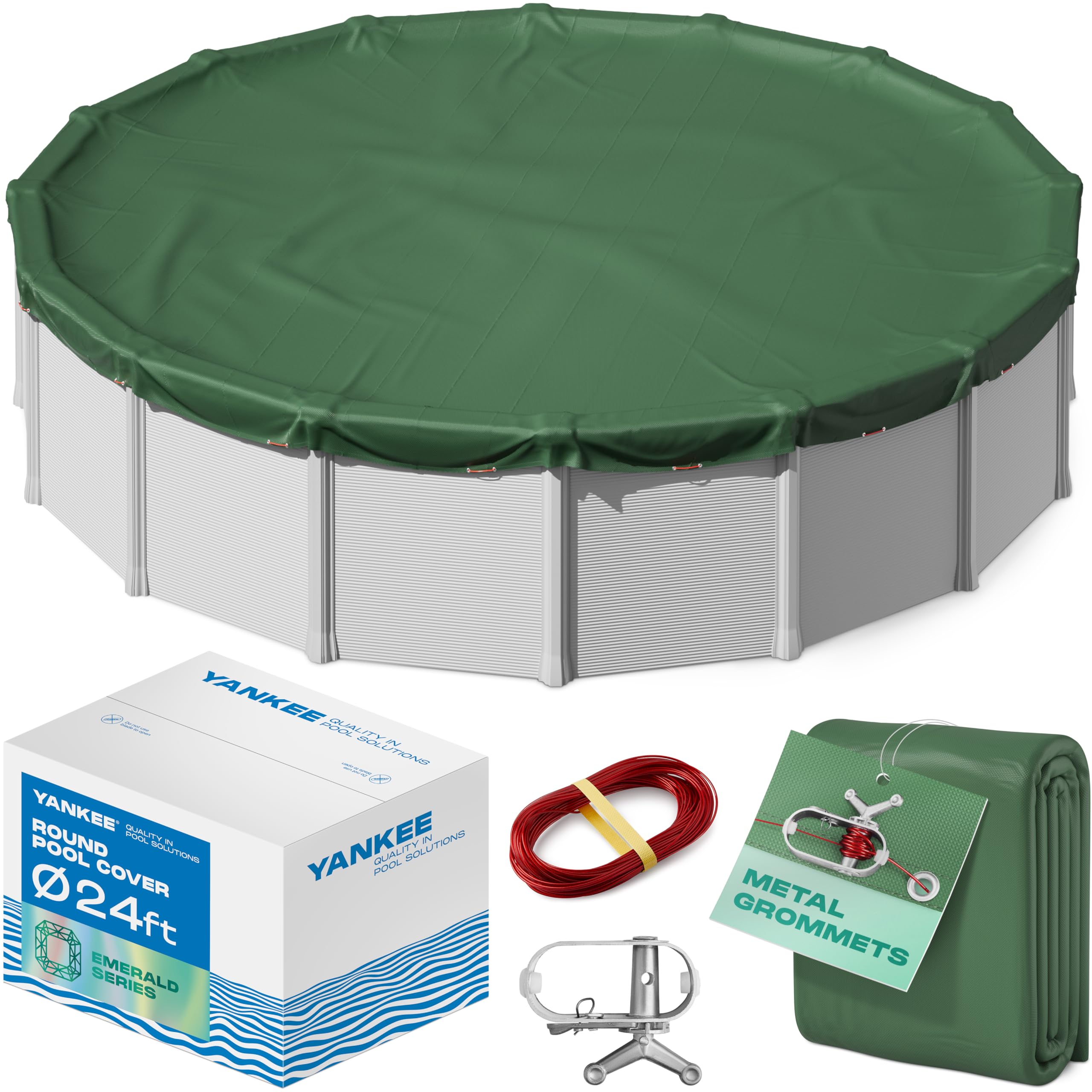 Yankee Emerald Series Pool Covers for Above Ground Pools | Round 24 ft Swimming Pool Cover w/Steel-Core Cable, Winch for Winterization | 9 mil Medium-Thickness for Off-Season, On-Season Protection