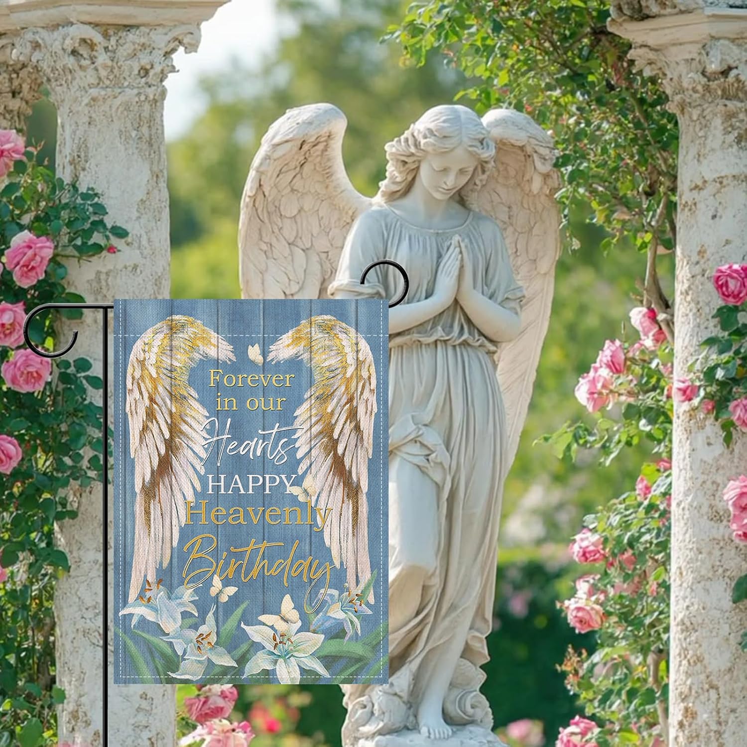 Artofy Memorial Forever in Our Hearts Wings Small Decorative Garden Flag, Happy Heavenly Birthday Lily Cemetery Yard Lawn Outside Decor, Farmhouse Burlap Outdoor Home Decoration Double Sided 12 x 18 - Image 5