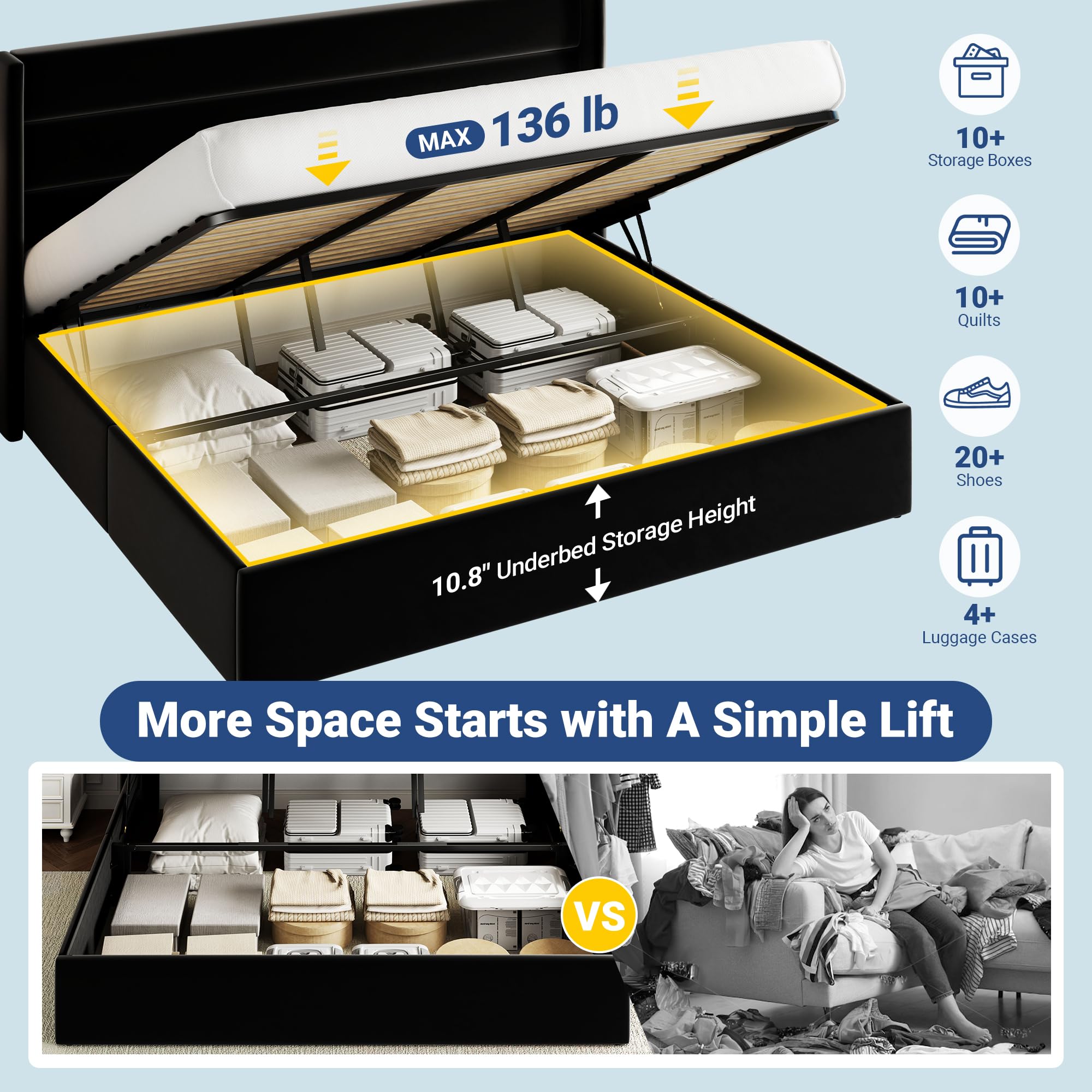 Allewie King Size Velvet Lift Up Storage Bed, Modern Wingback Headboard, Hydraulic Support, No Box Spring Needed, Black - 4