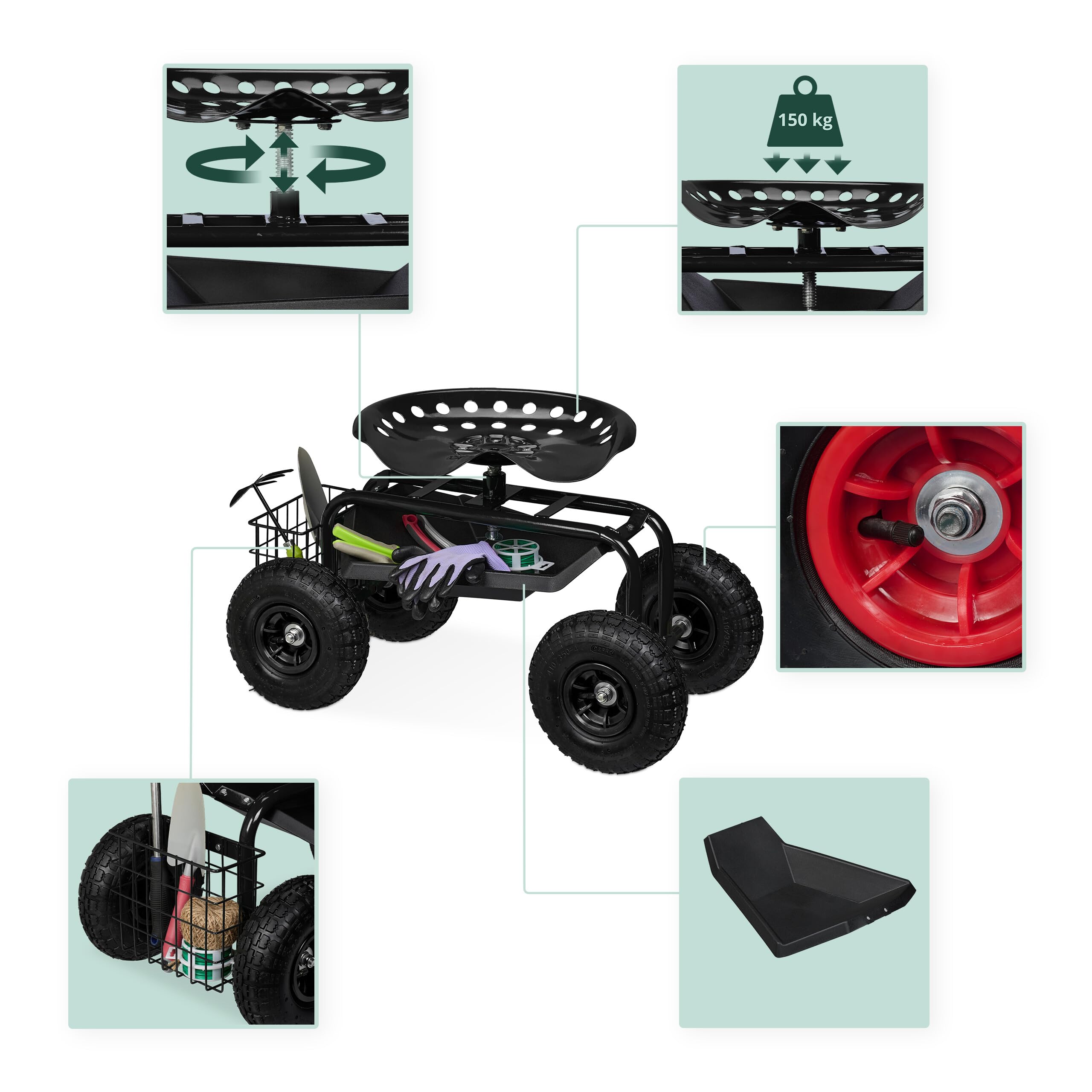 Relaxdays Asiento de Jardín con Ruedas Neumáticas, Taburete Jardinería, Altura Regulable, 150 kg, Acero, Negro