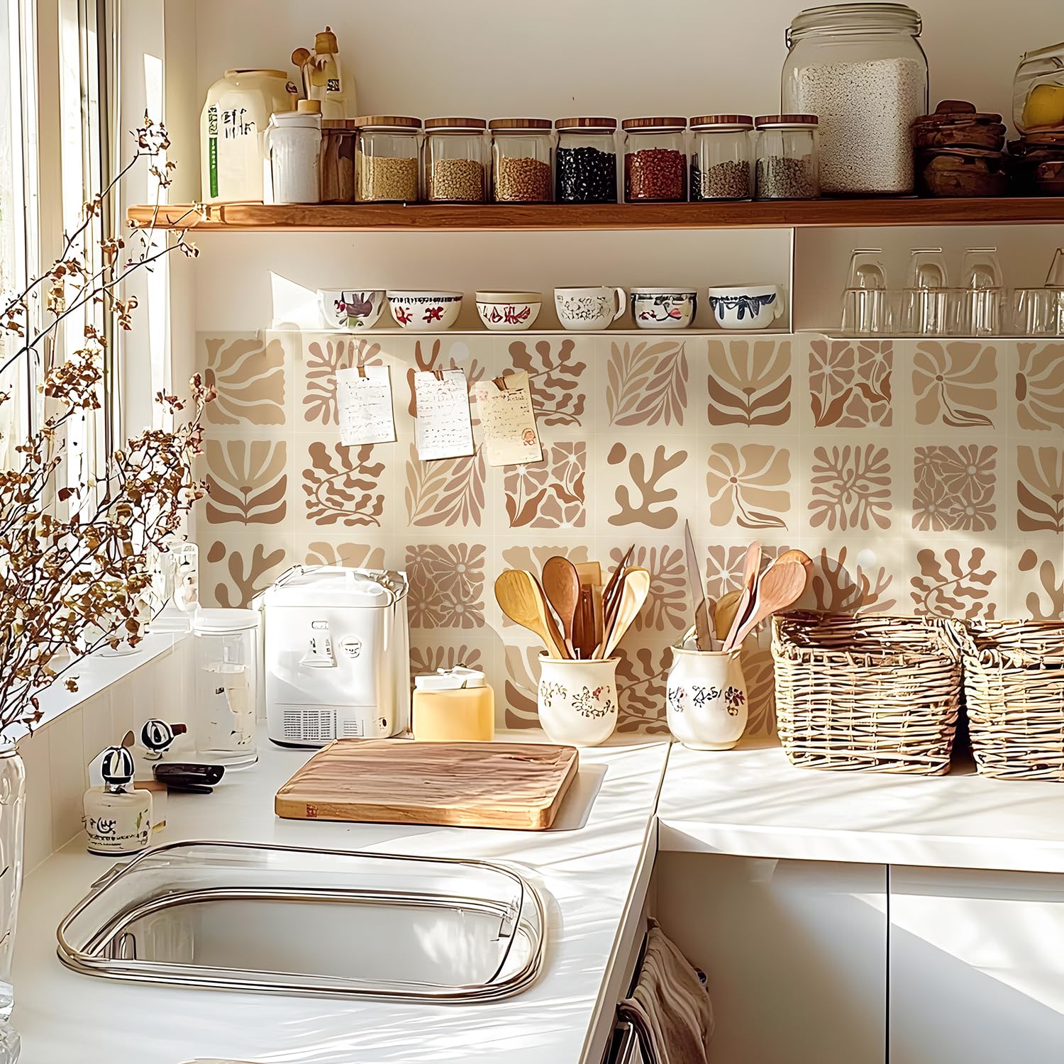 Alwayspon Self-Adhesive Vinyl Wall Tile Stickers, 25Pcs 15cm/6inch Peel and Stick on Tiles Transfer Vinyl Flooring Waterproof Splashback for Kitchen Bathroom, Brown Floral