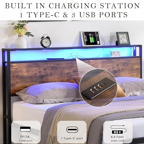 Miniatura 5 de Dithoko Base de cama Queen con cabecero, marcos de cama marrón rústico con luces LED y 2 puertos USB, marco de cama tamaño Queen con almacenamiento,