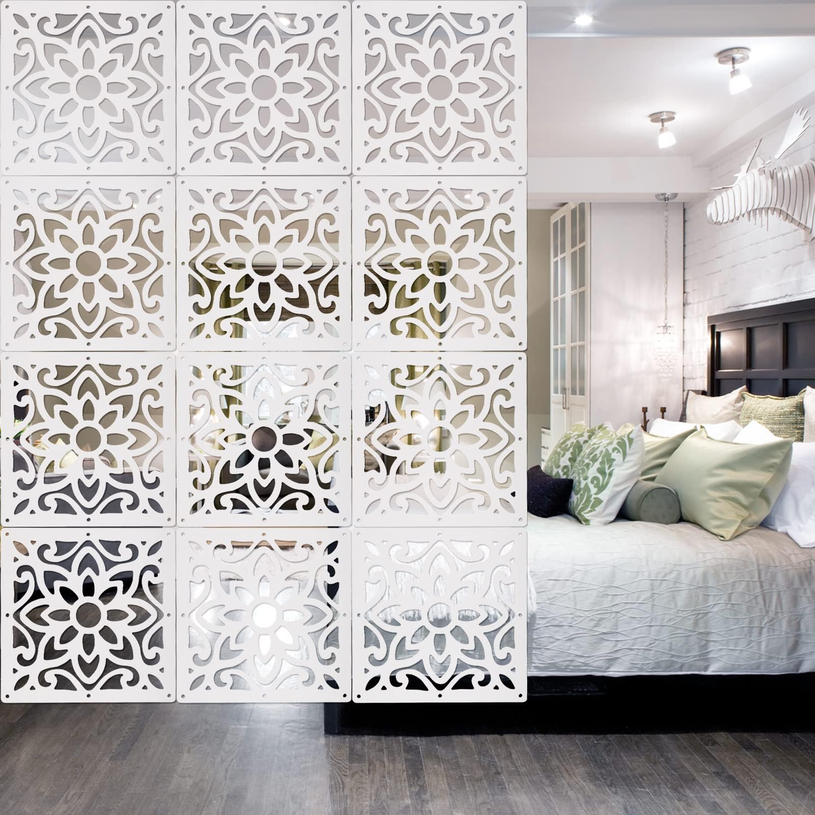 ANMINY 12 PCS Hanging Room Divider Decorative Thick Wall Screen Panels Floral Carving Pattern Hollow Out Design for Bedroom Living Dining Room Kitchen Office Restaurant Home Hotel Decor - White Flower