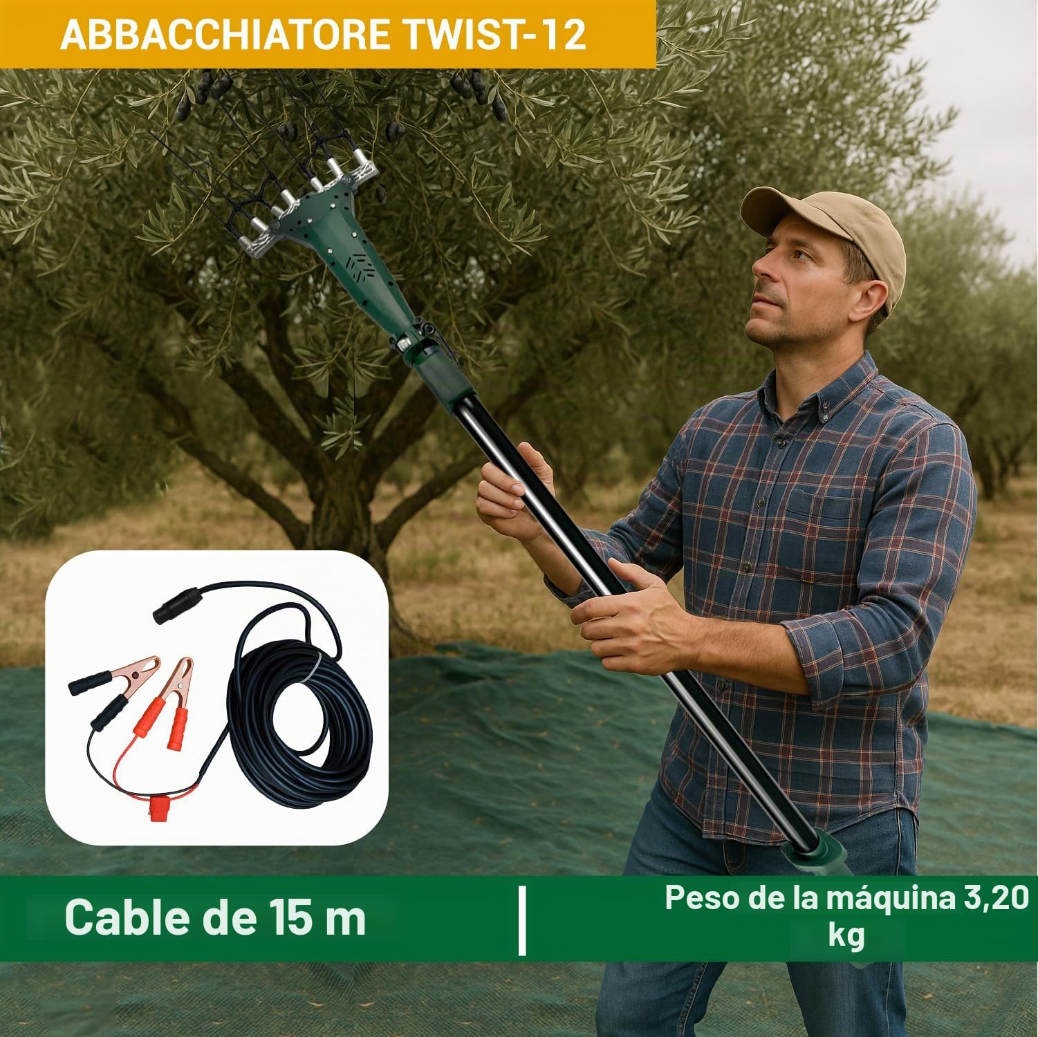 Crisalide® Vareador eléctrico para aceitunas TWIST-12 – Agitador 12 V 140 W Brushless con barra telescópica 2,3 – 3,0 m, peines de fibra de carbono y cable de 15 m – Recolector de aceitunas
