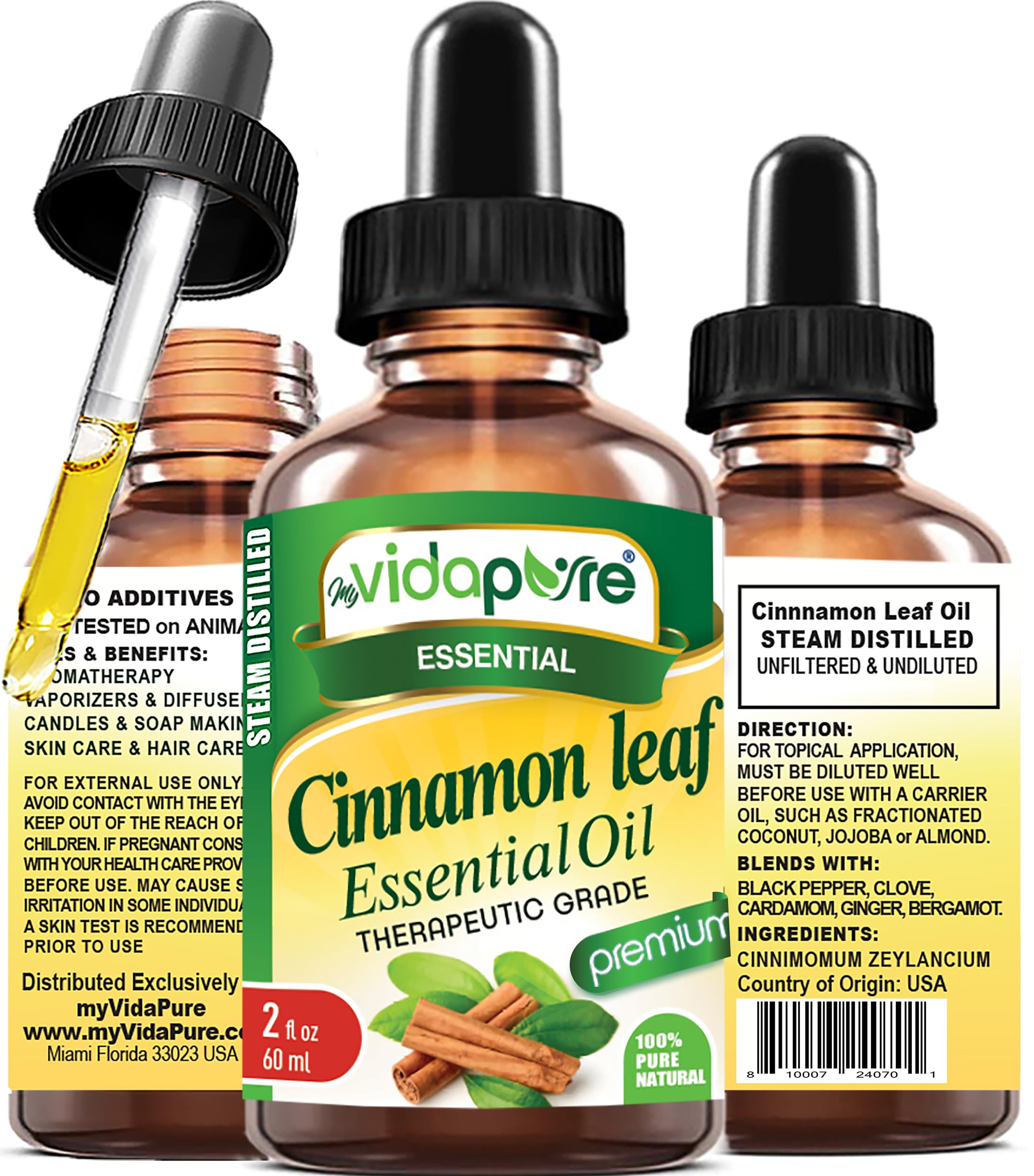 myVidaPure Cinnamon Leaf Essential Oil 100% Pure Natural Undiluted 2 fl oz- 60 ml for Beauty, Skin, Hair, Aromatherapy, Soaps, Candles, Reed Diffusers
