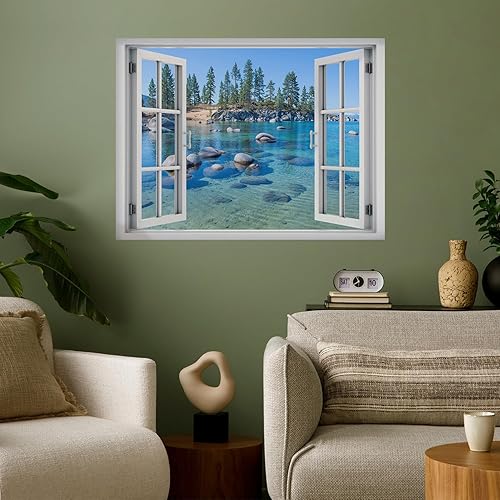 wall26 Adhesivo mural removible para pared, vista de ventana, vibrante temporada de verano, bosque, lago vibrante, naturaleza, desierto, fotografía,