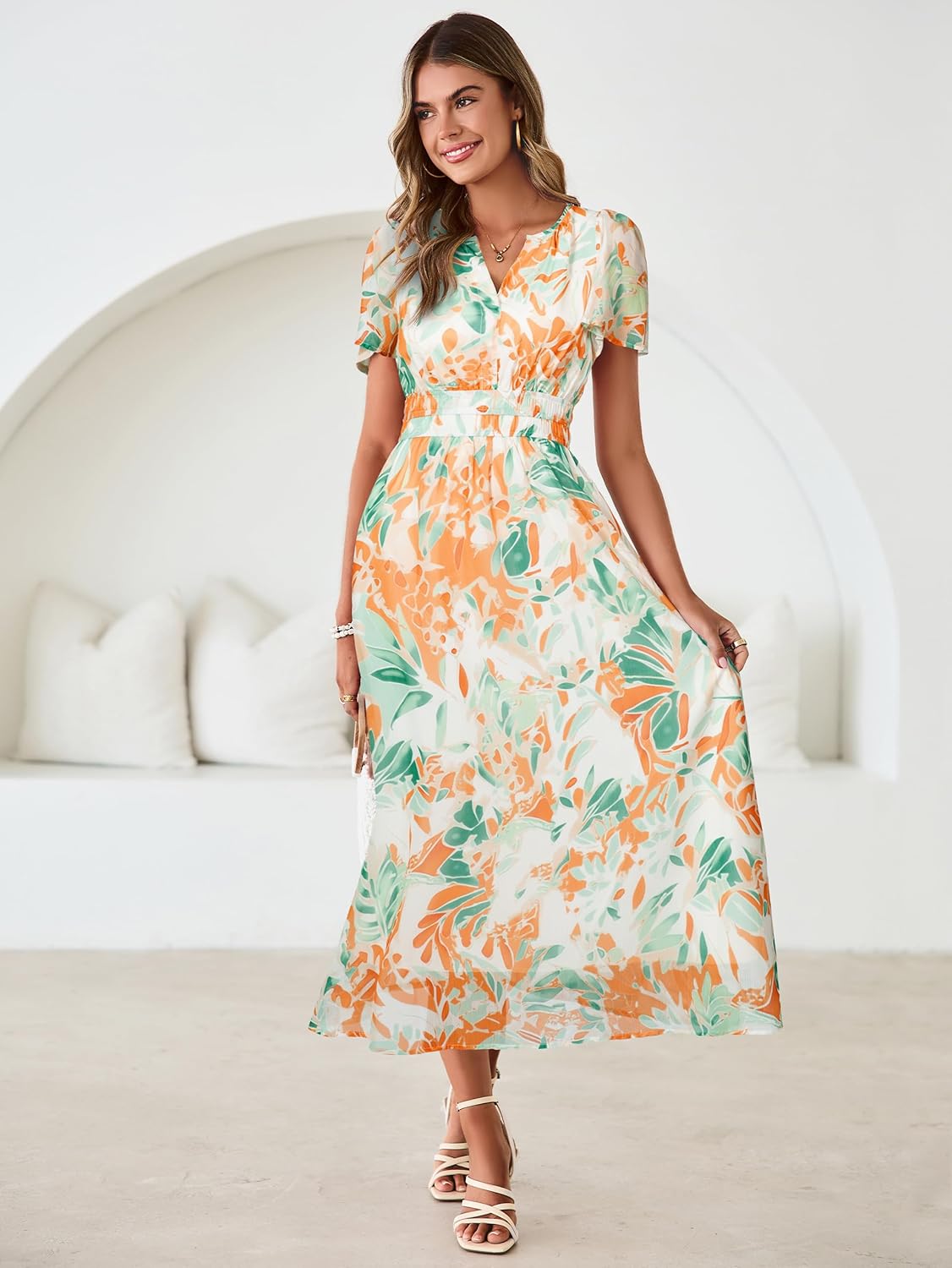 Simplee Women Floral Summer Maxi Dress Boho Flowy Casual Chiffon Short Sleeves V Neck Long Wedding Guest Dresses - Image 5