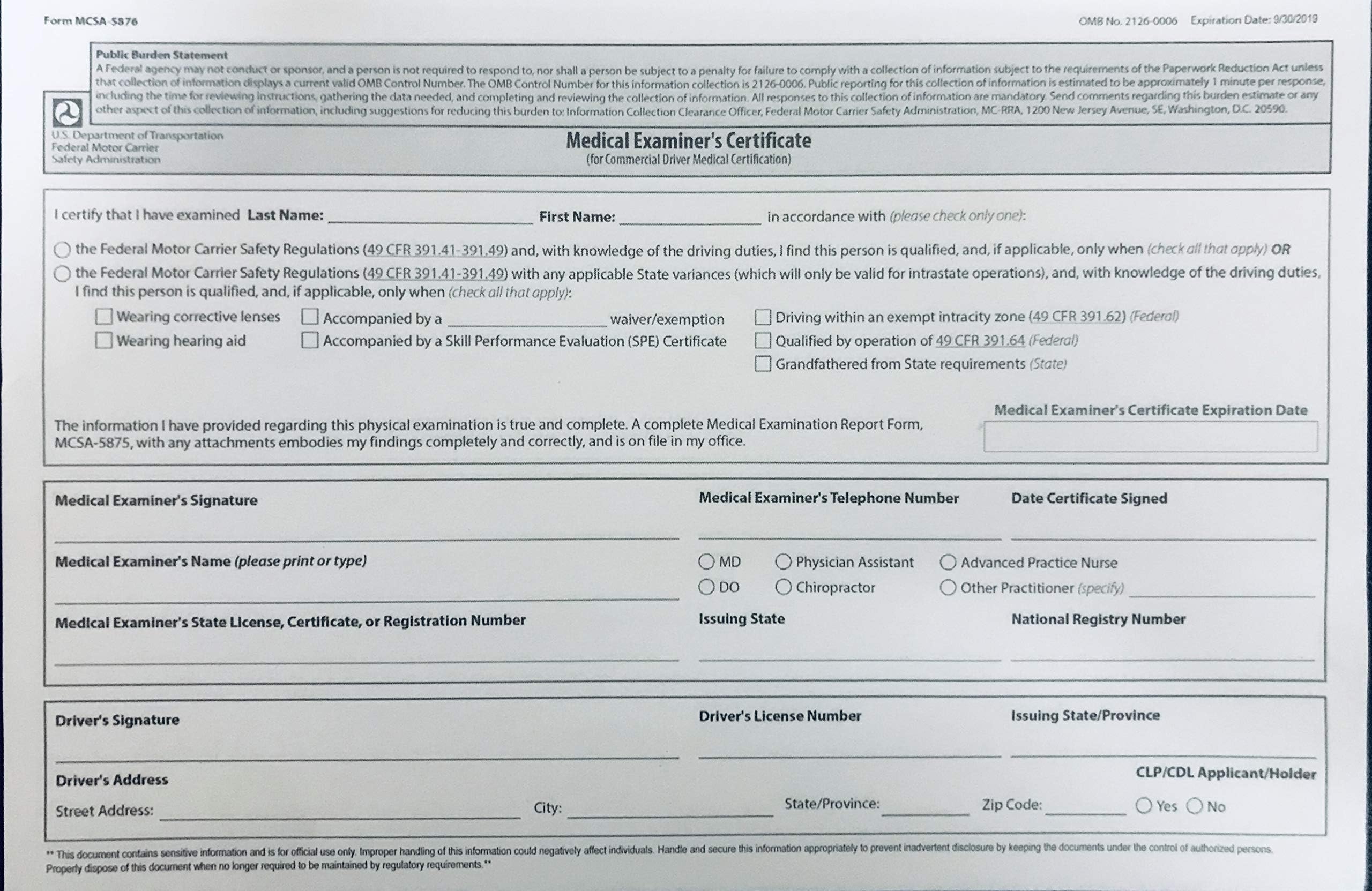 DOT Medical EXAMINER'S Foldable Wallet Certificate **NOT Laminated*** (MCSA-5876) 2 PLY Pack of 50 ****Made in USA****