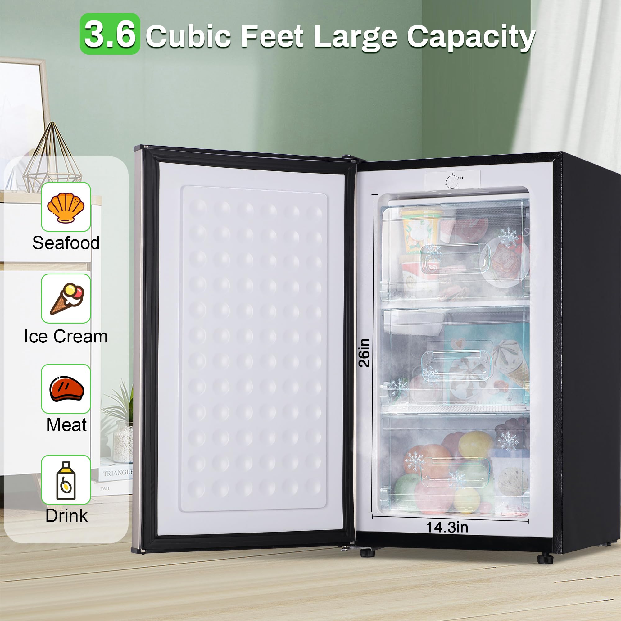 Maine Upright Freezer 3.6 Cu.Ft Mini Freezer With Reversible Stainless Steel Door Freestanding Compact Freezer With 3 Adjustable Thermostat, Small Freezer For Apartment Dorm (Silver) on Fridge.com - View 3
