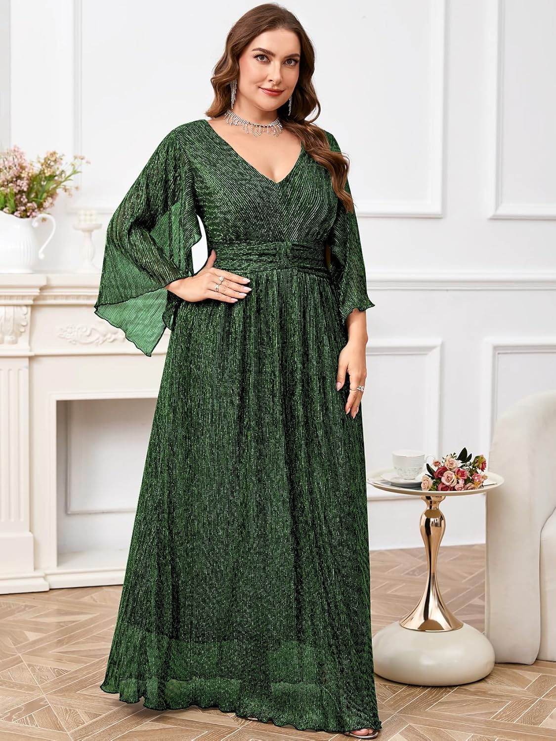 Plus Size Formal Dress Maxi Sparkly V Neck A-line Handkerchief Sleeve Evening Gown Wedding Guest Cocktail Gala - Image 5